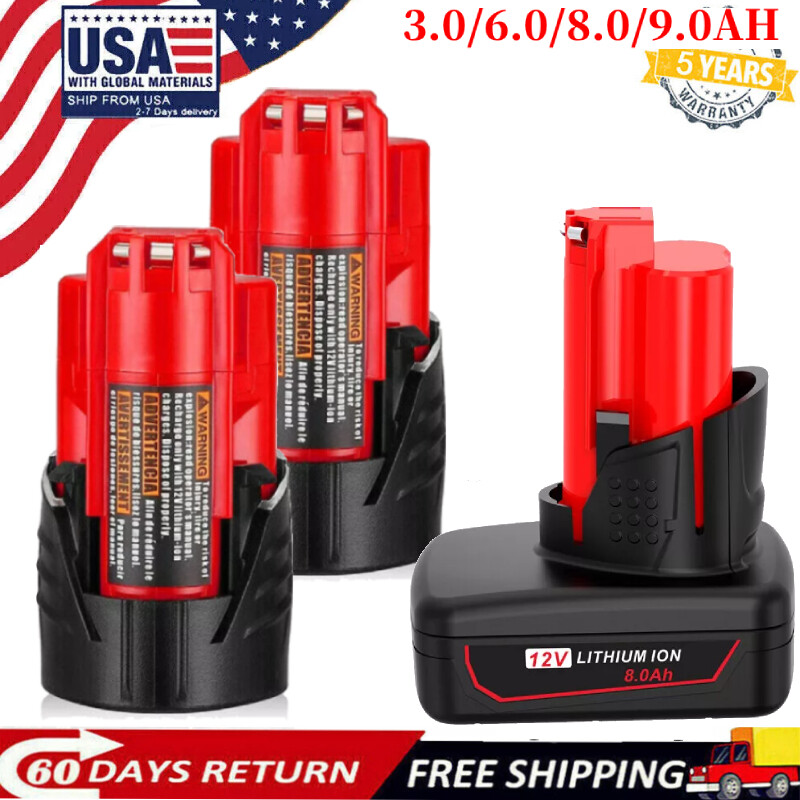 12Volt For Milwaukee for M12 9.0,8.0AH Lithium Battery 48-11-2460 48-11-2440 US