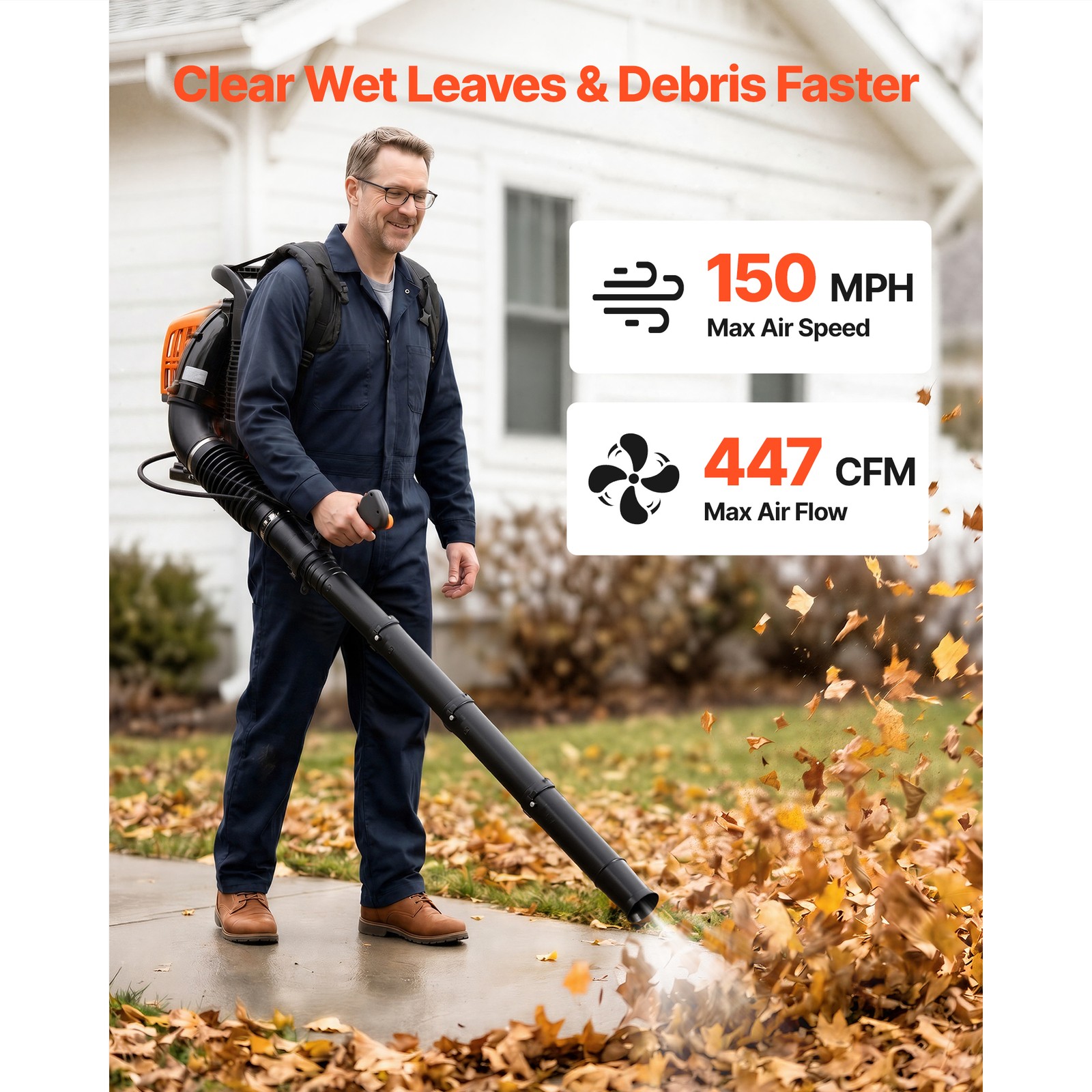 Uimoso Gas-Powered Backpack Leaf Blower, 43CC 2-Stroke, 447CFM, 150MPH