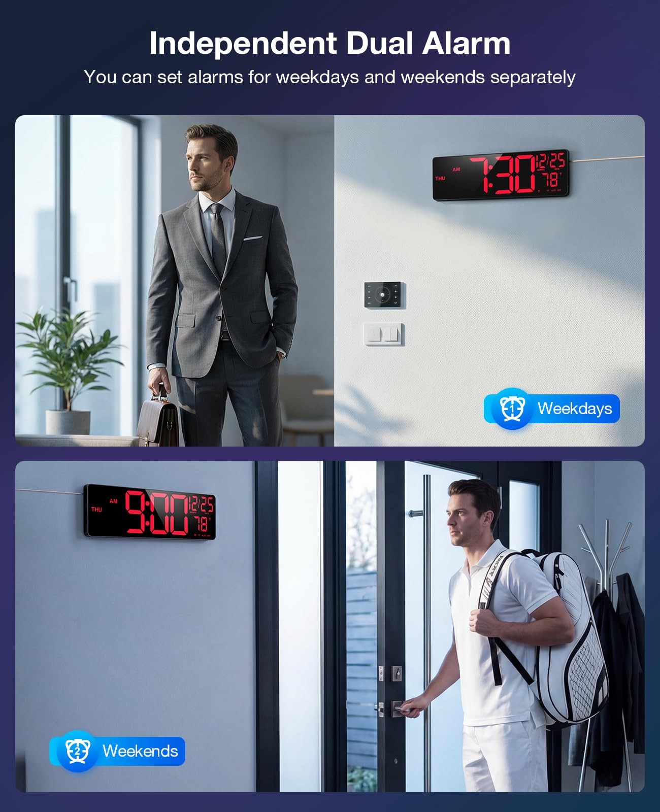 16” Large Digital LED Wall Clock with Remote Control Dual Alarm 8 RGB Bluetooth