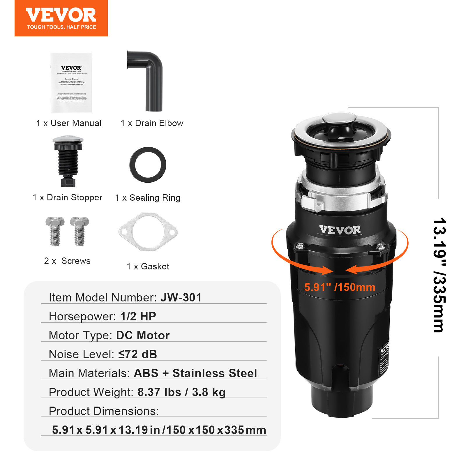 VEVOR Garbage Disposal 1/2 HP Continuous Food Waste Disposer 3450RPM EZ Connect