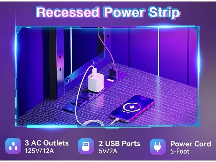AODK L Shaped Desk Gaming with LED Light & Power Outlet, 53 inch, Black