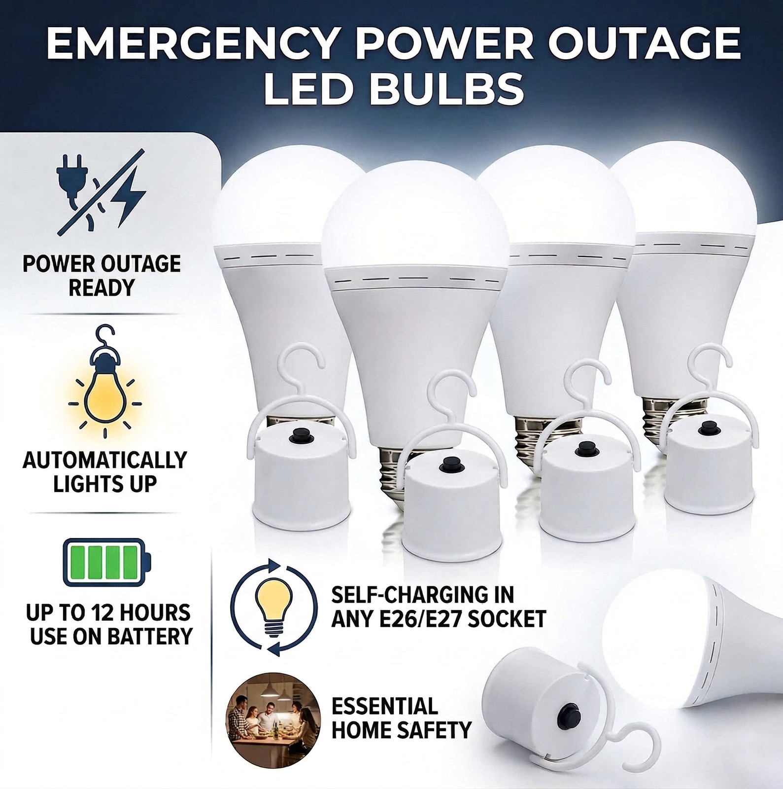 4 Pack Self Charging Emergency LED Light Bulbs for Power Outage