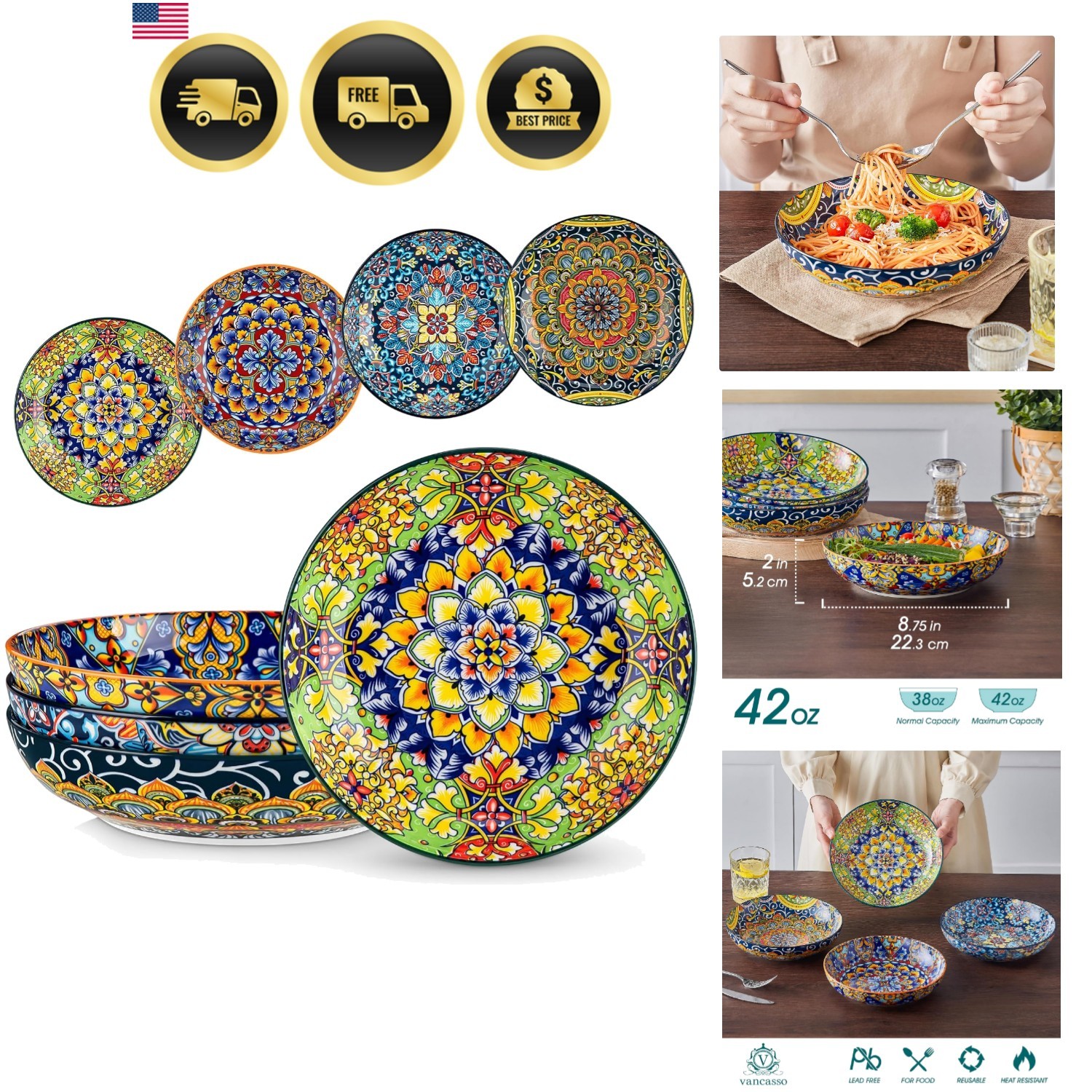 Pasta Bowls Set of 4, 42oz Ceramic Serving Bowls,Boho Pasta Plates | Large Sh…