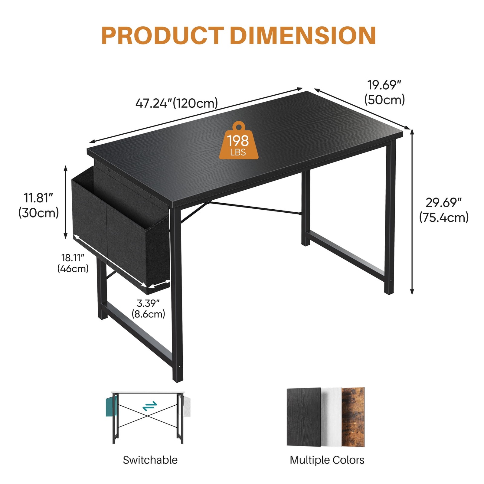 31-55 Inch Modern Computer Desk w/Storage Bag&Hook,Home Office Study Write Table