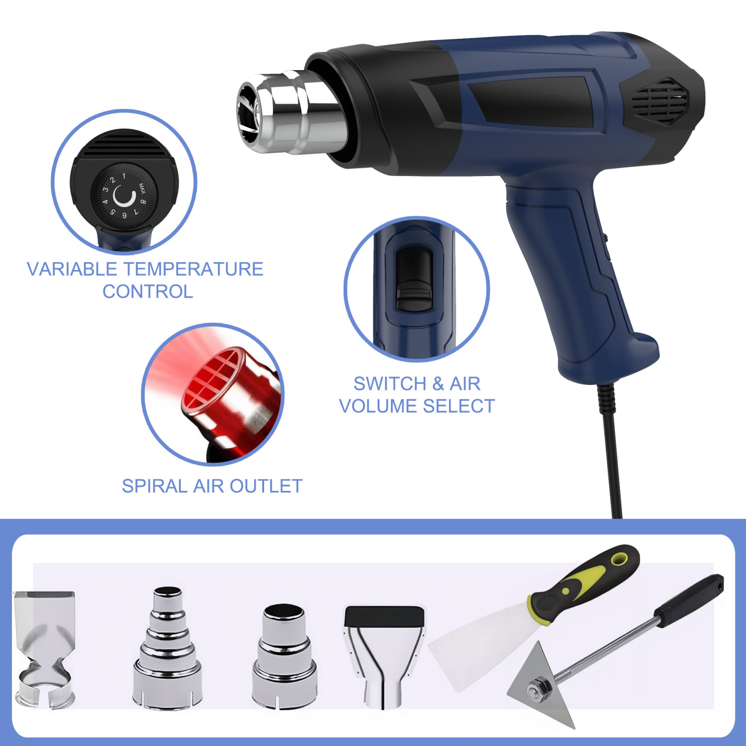 1500W Heavy Duty Heat Gun 120°F~1200°F Fast Heat Hot Air Gun Kit with 4 Nozzles