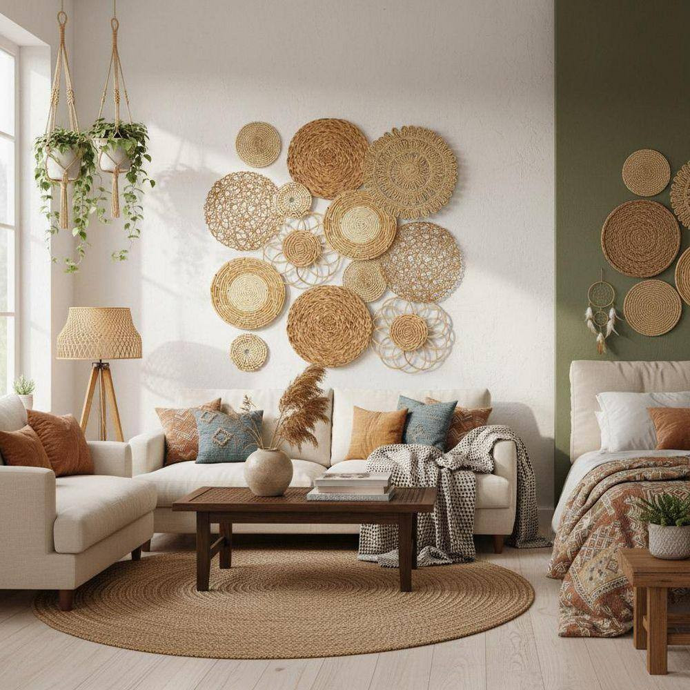 Brown 9.8 In. X 9.8 In. Set of 13 Boho Wall Basket Decor Seagrass Wall Hanging D