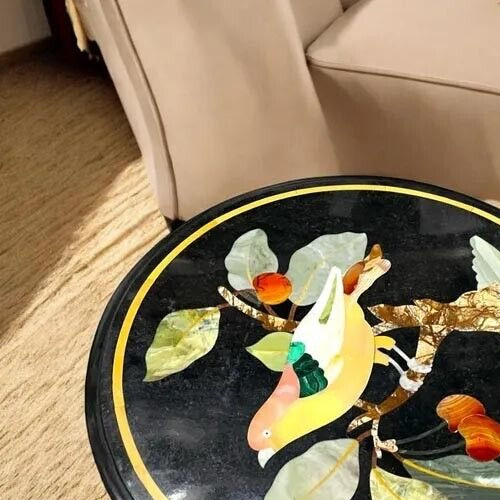 Black Marble Coffee Table with Floral Semi-Precious Stone Inlay Handcrafted arts