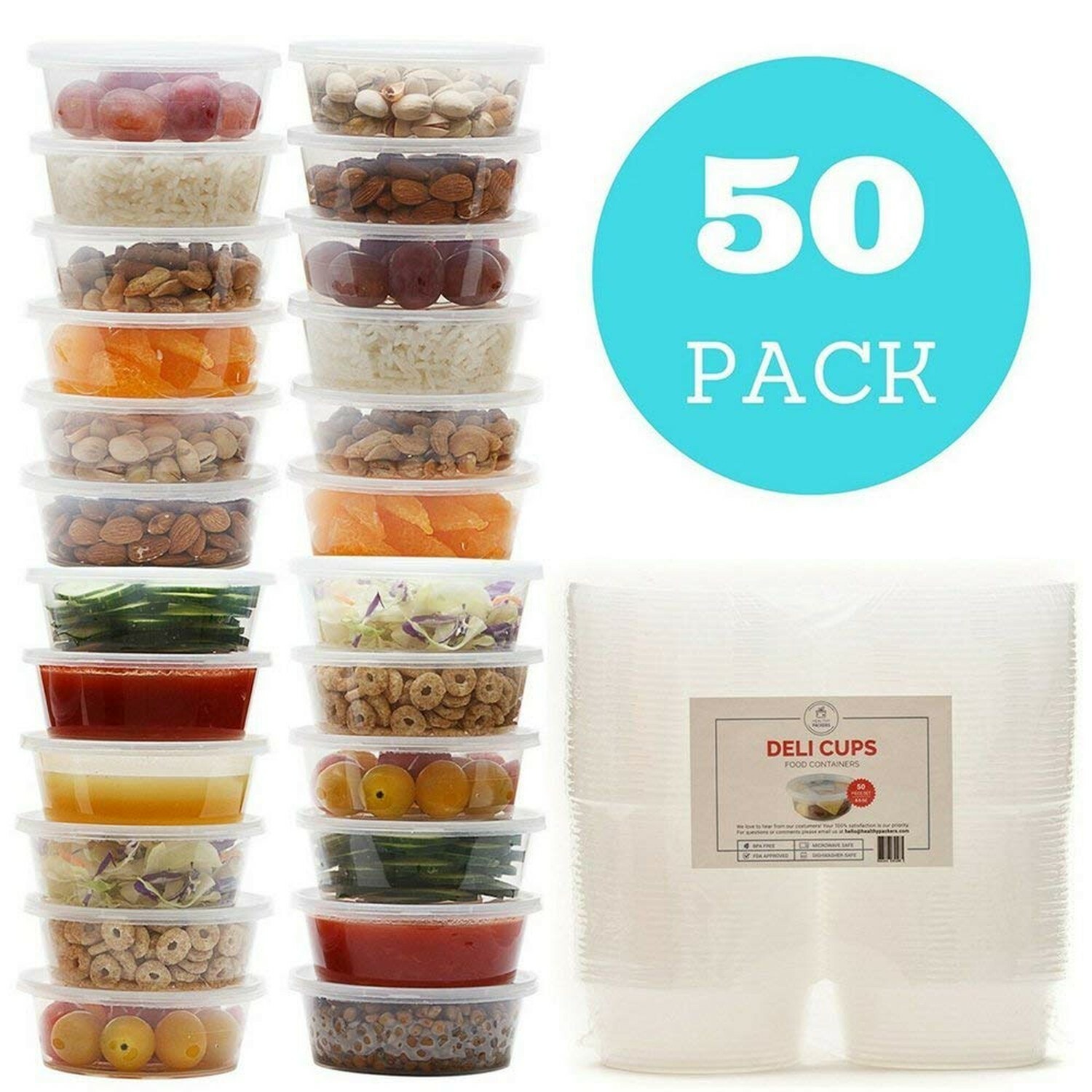 Healthy Packers 8 oz Plastic Food Storage Containers with Lids – (50 pack)