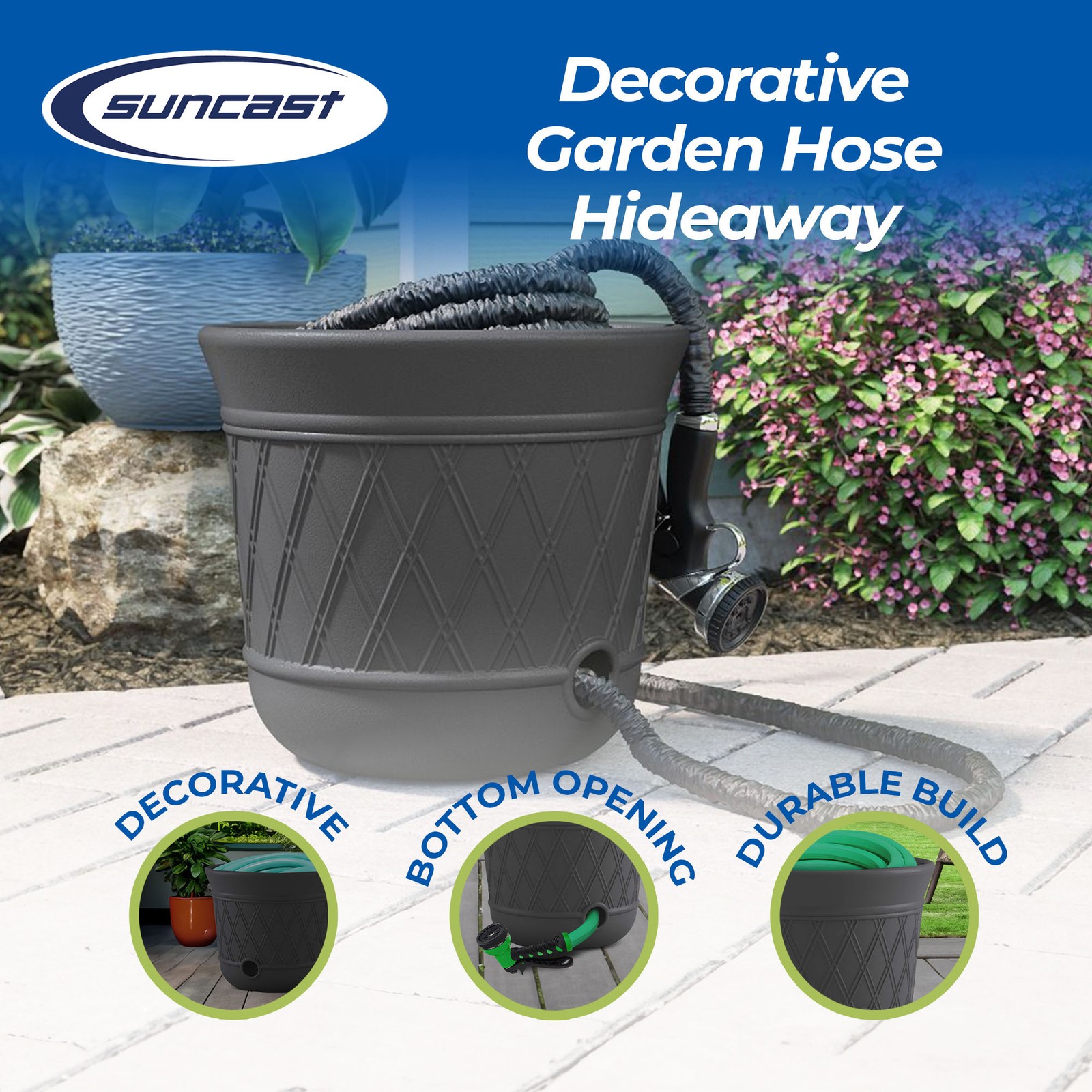 Suncast 14 x 12″ Resin Decorative Hideaway Outdoor Garden Hose Storage Pot, Gray