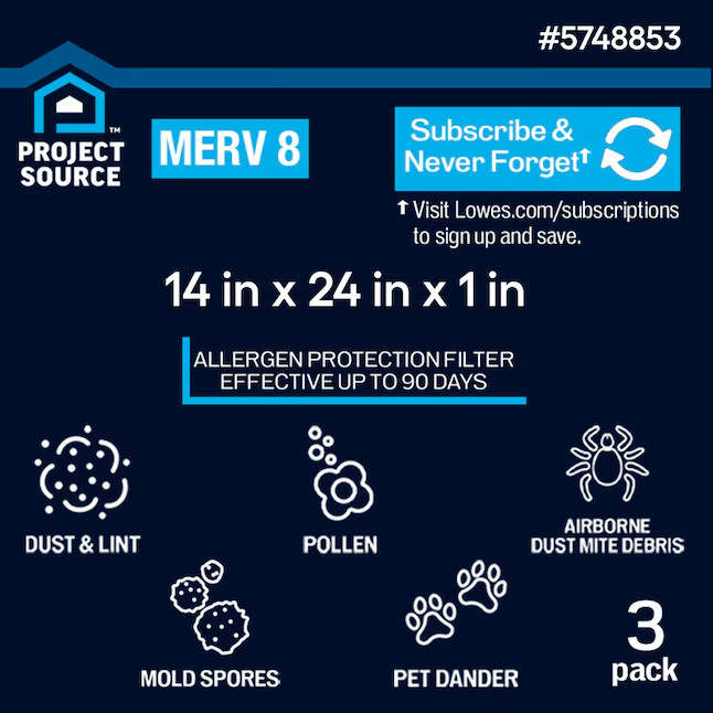 Project Source MERV 8 Electrostatic Pleated Air Filter 3 Pack 9 months life