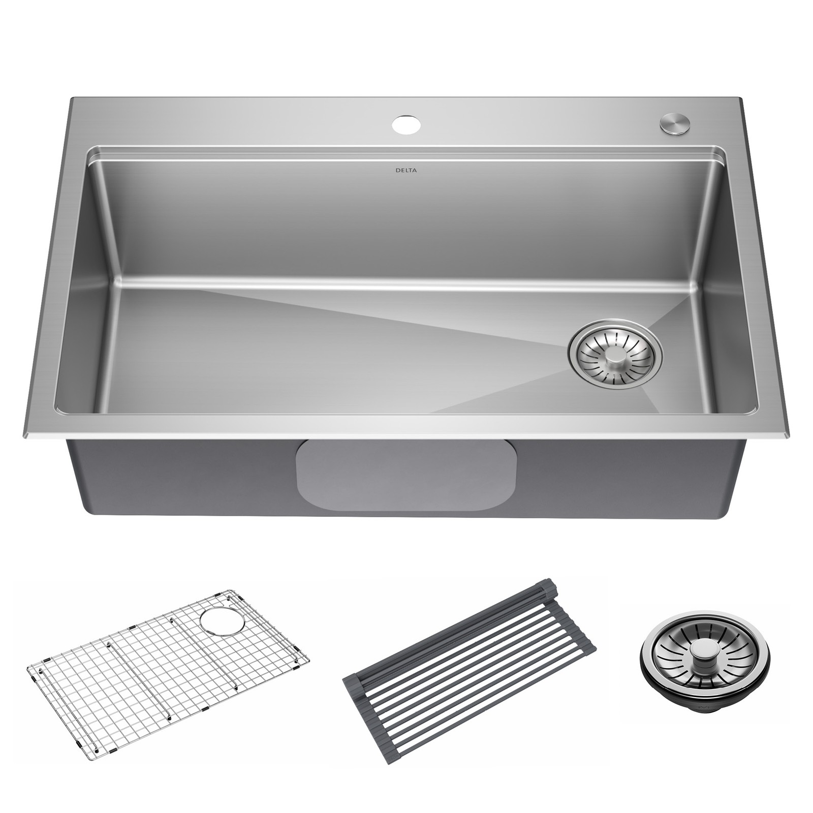 Delta Emery 33″ Workstation Sink, Single Bowl w/ Ledge+Kit-Certified Refurbished