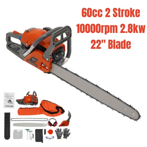 60cc Gas Powered Chainsaw with 22” Guide Bar Saw Chain 2-Stroke Engine Cut Wood