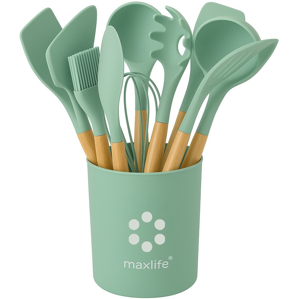 12 PCS Silicone Kitchenware Utensil Set with Wooden Handle & Holder Green