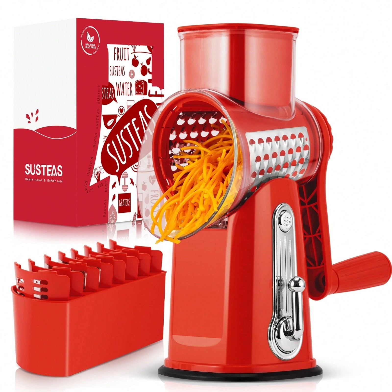 SUSTEAS Rotary Cheese Grater with 5 Blades & Storage Box Sleek Vegetable Shredde