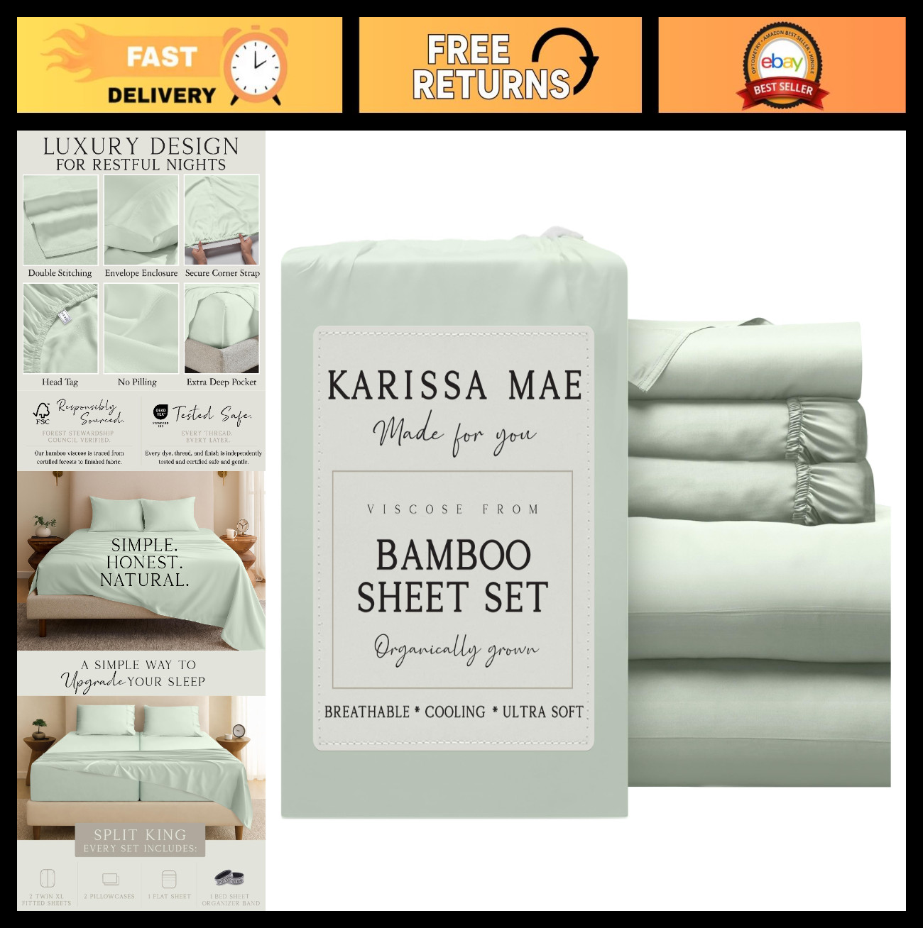 Luxury Bamboo Viscose Split King Sheet Set | Cooling, Soft, 18″ Deep Pockets, Or