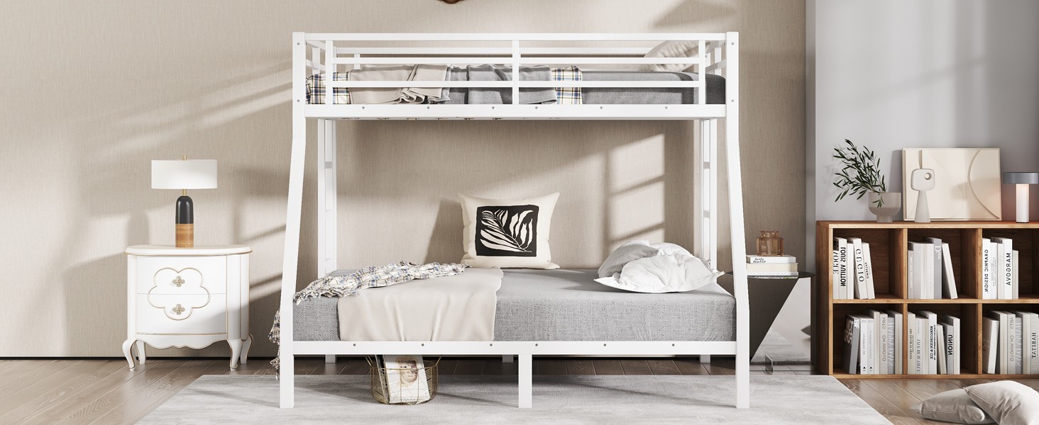 Metal Twin over Full Bunk Bed White Bed Frame for Teens and Adults Bedroom