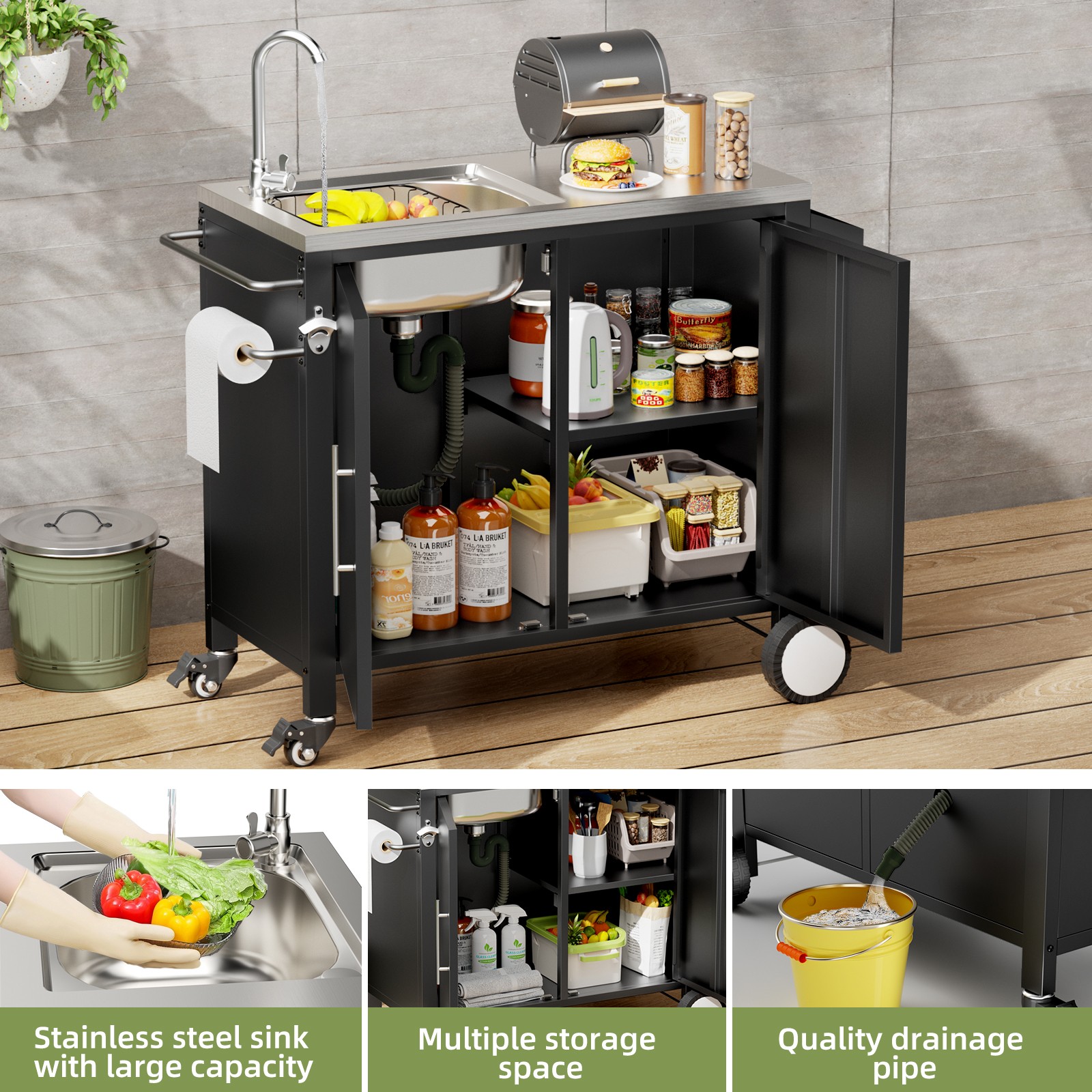 Outdoor Grill Cart Sink Station 304 Stainless Steel Cabinet Wheels 38x18x35in