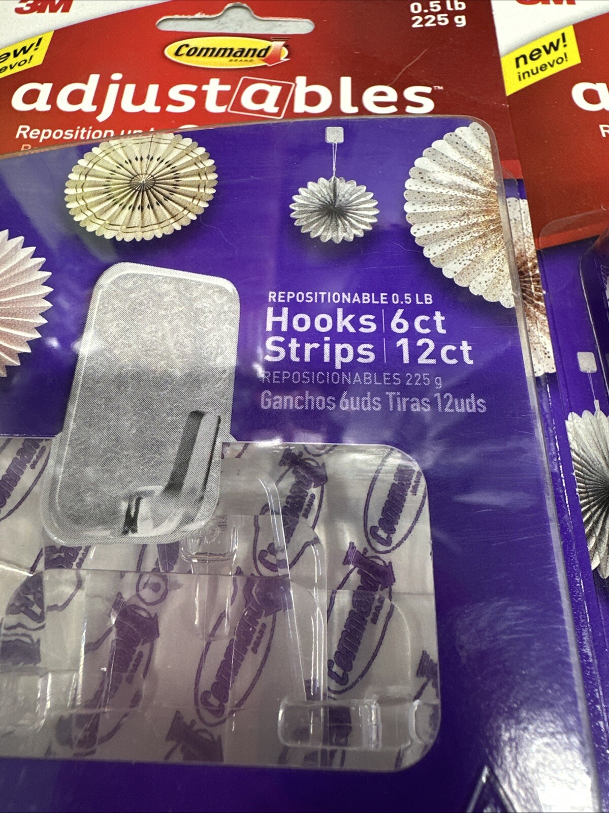 3M Command Adjustables 2 Packs 6 Clear Hooks & 12 Strips Each Pack Holds 0.5 lb