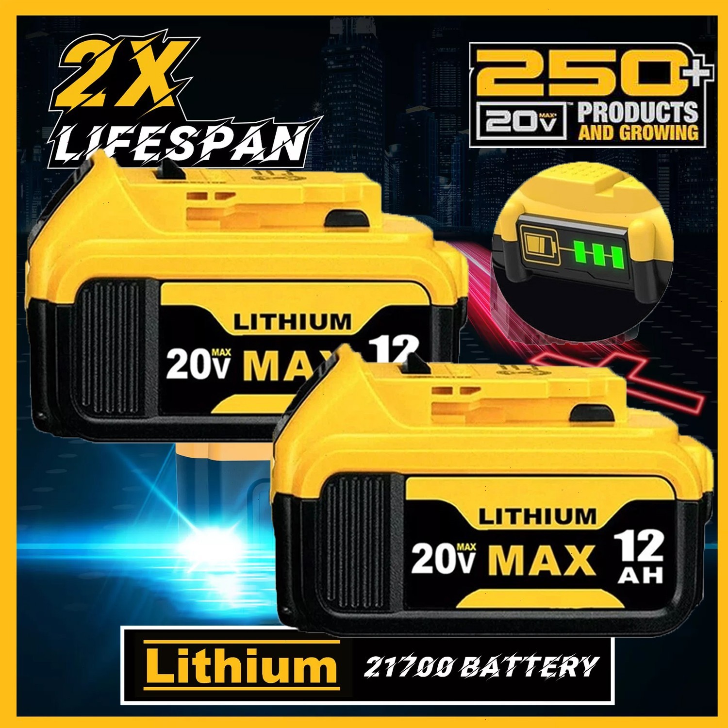 2Pack 12.0AH For DeWalt 20V 20 Volt Max XR Lithium Ion Battery DCB206-2 DCB205-2