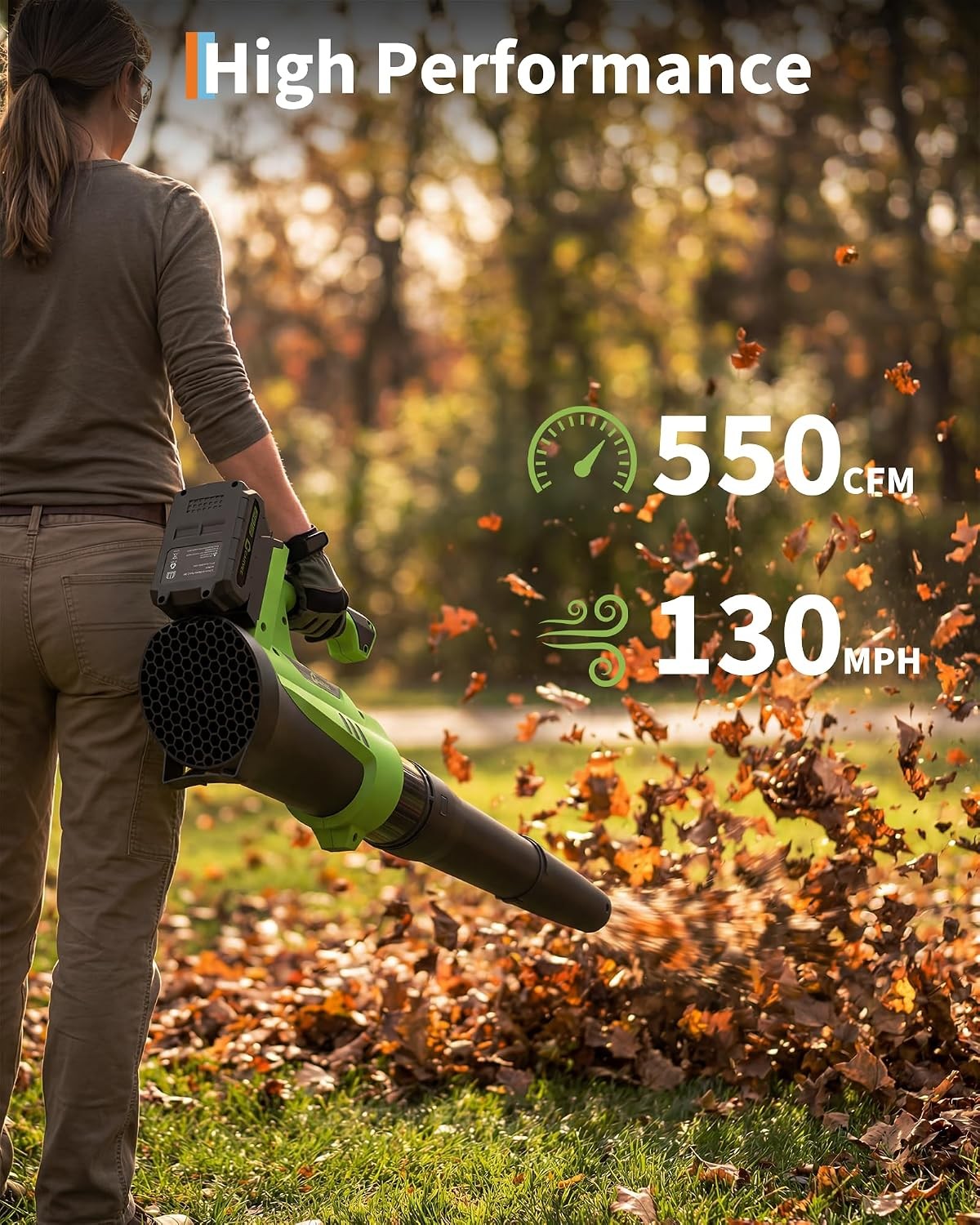 Cordless Leaf Blower 550CFM 130MPH 6 Speed Electric Lawn Blower with 2 Batteries
