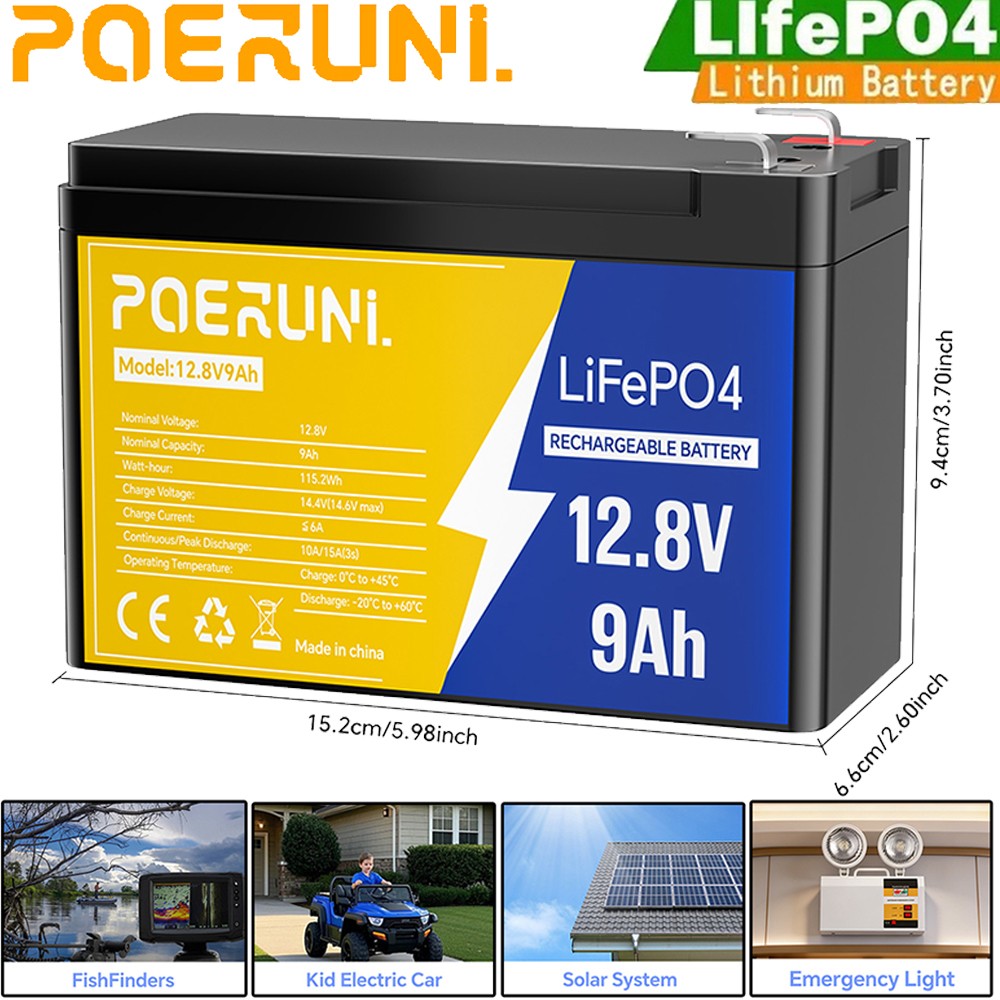 12V 9Ah LiFePO4 Lithium Battery Built-in BMS Deep 5000+ Cycle For Solar Power RV