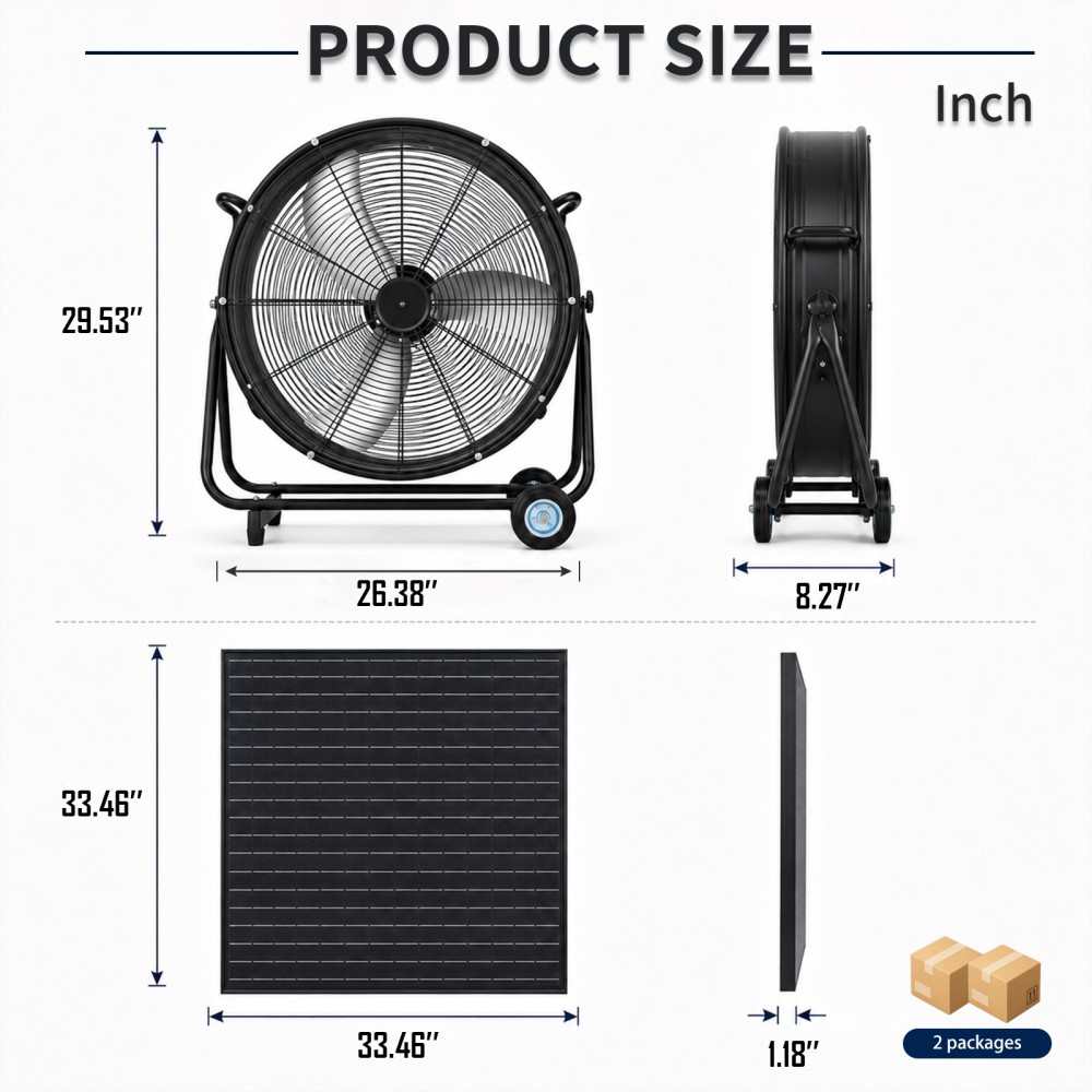 12″ Solar Floor Fan 30W Panel 1500mAh Battery 3 Speed Remote Camping Greenhouse