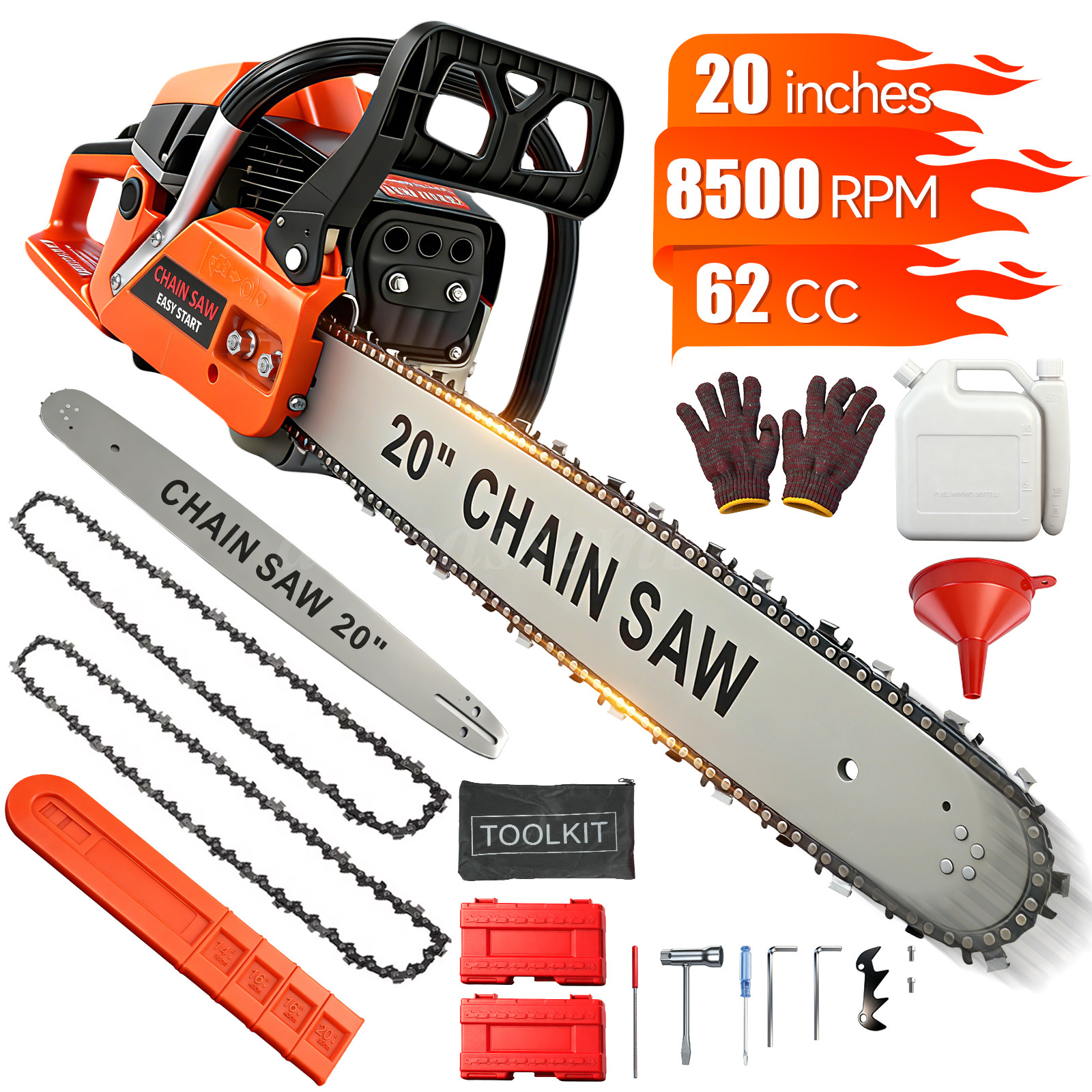 62CC 20″ Gasoline Chainsaw Powered Wood Cutting Engine Gas Chain Saw + 2 Chains