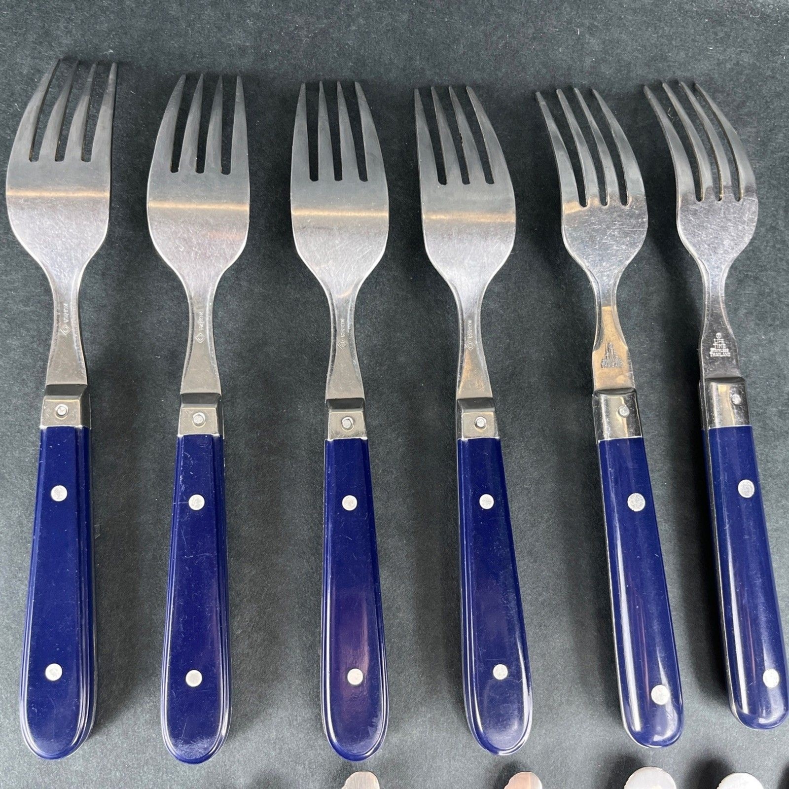 30pc VTG MCM Blue Riveted Handle Flatware Stainless Lifetime Thailand, Korea Mix