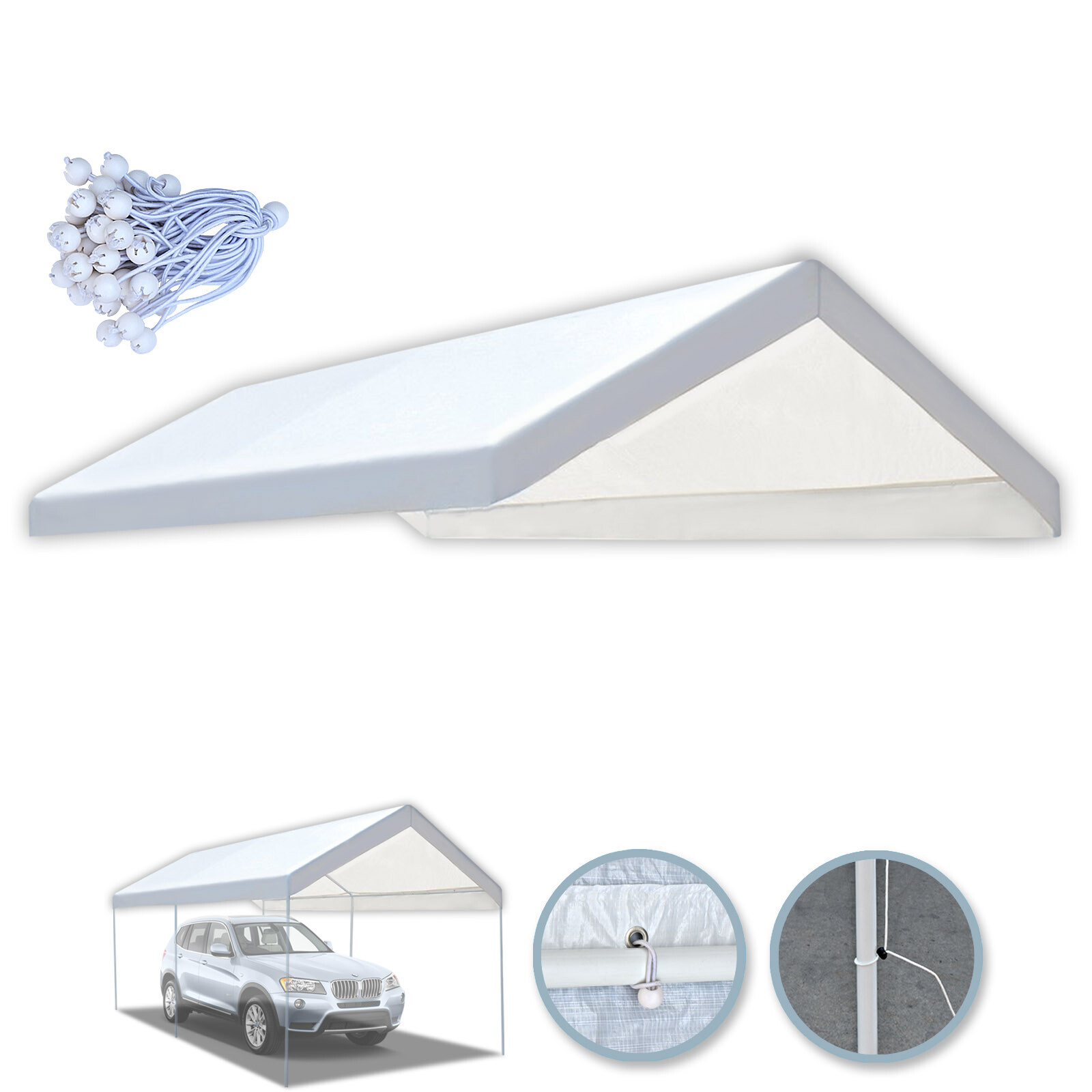 10×20′ Carport Replacement Canopy Garage Top Cover Only with Bungees Ball & Edge
