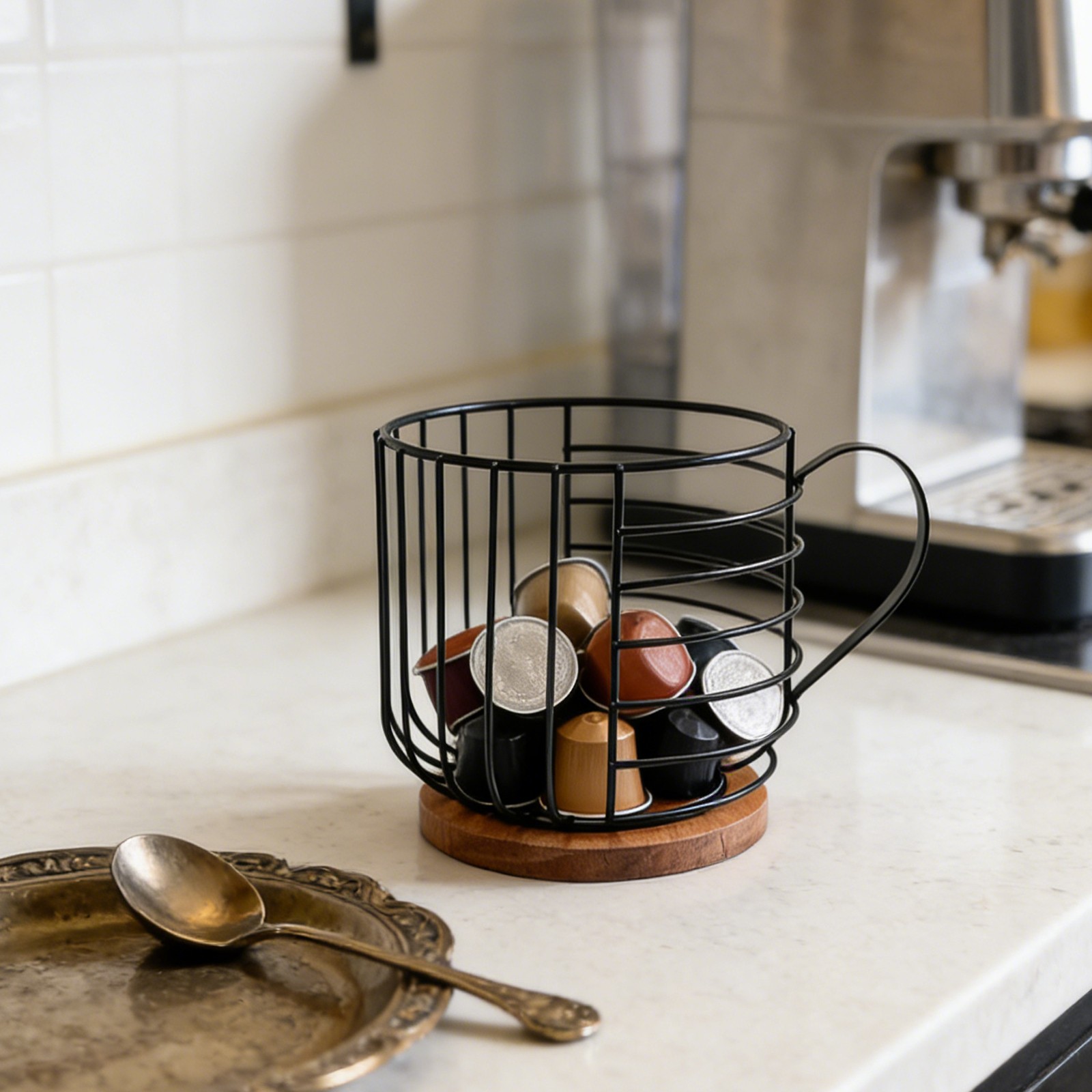Metal Wire Design Coffee Capsule Holder With Wooden Base 8.39*6.1*6.1in