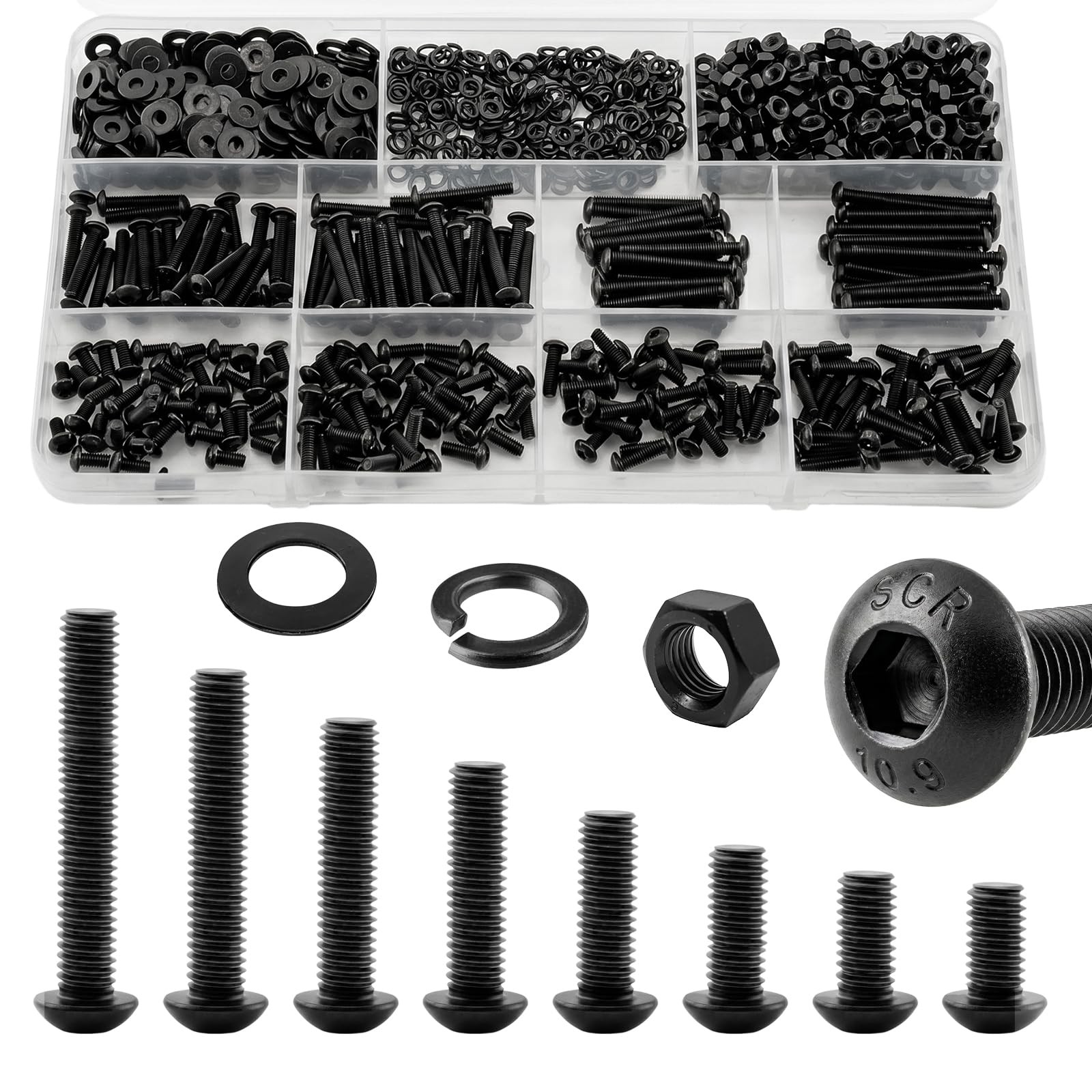 M3 M4 M5 M6 Hex Button/Socket Head Cap Screws Bolts Nuts & Washer Assortment Kit