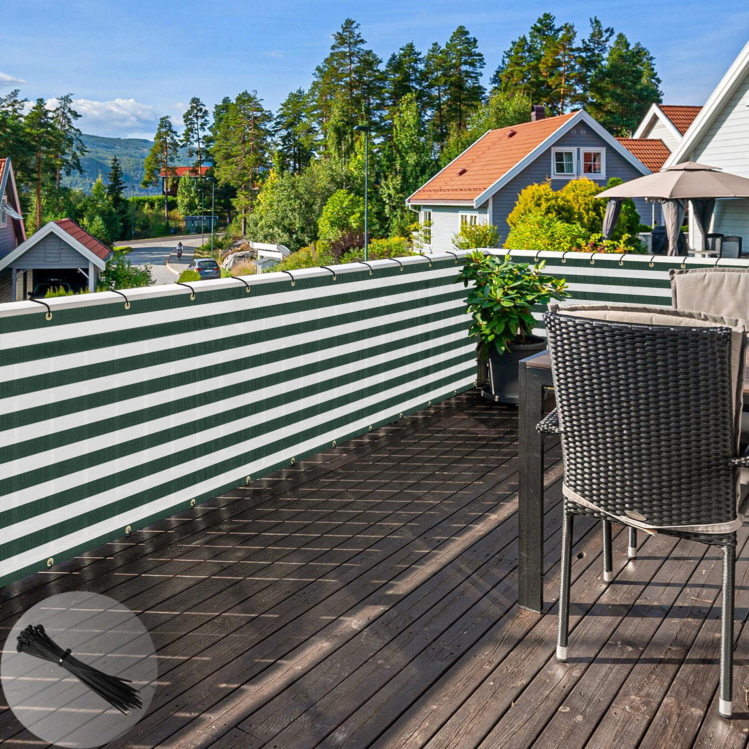35in Balcony Fence Screen Privacy Deck Patio Shelter Shade Cover Green Stripe