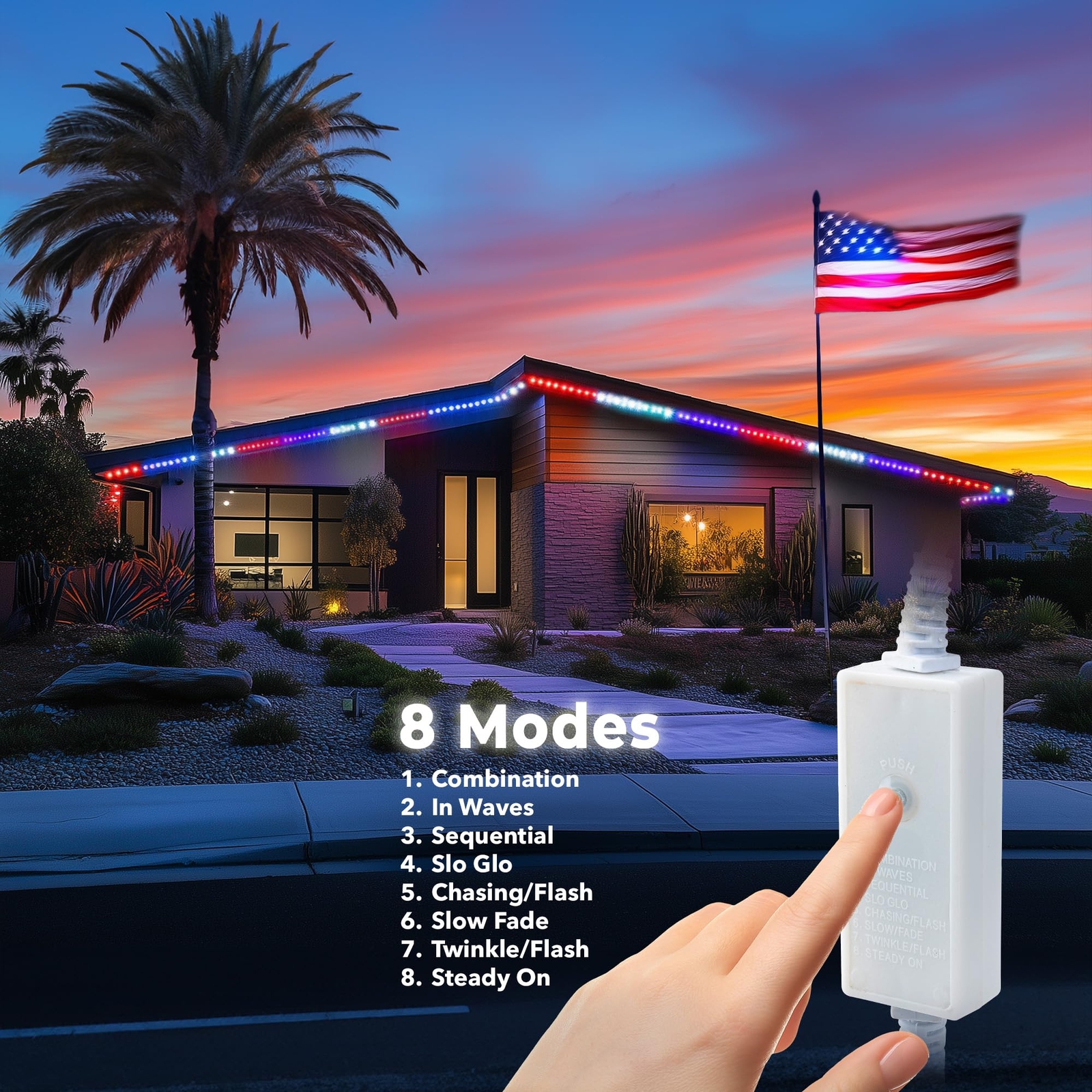 USA RWB 8-Mode LED Outdoor Waterproof Rope Light 10′ 25′ 50′ 100′ 150′ 300’ft