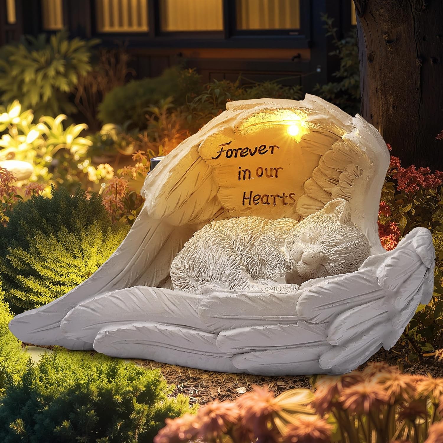 Pet Cat Solar Garden Memorial Statue – Outdoor Resin Angel Kitty with Solar Li