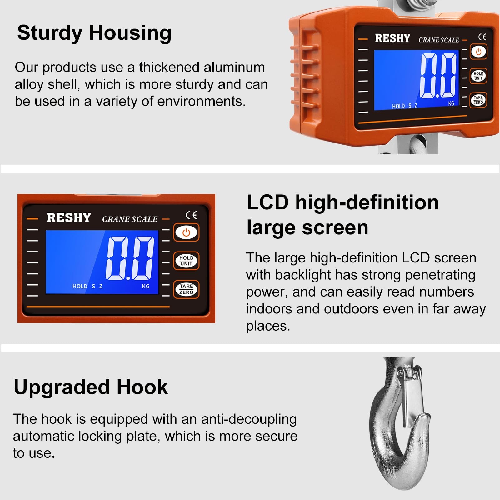 RESHY Digital Crane Scale 2200lb/1000Kg 4.2 x 6.9 x 10.5 inches, Orange