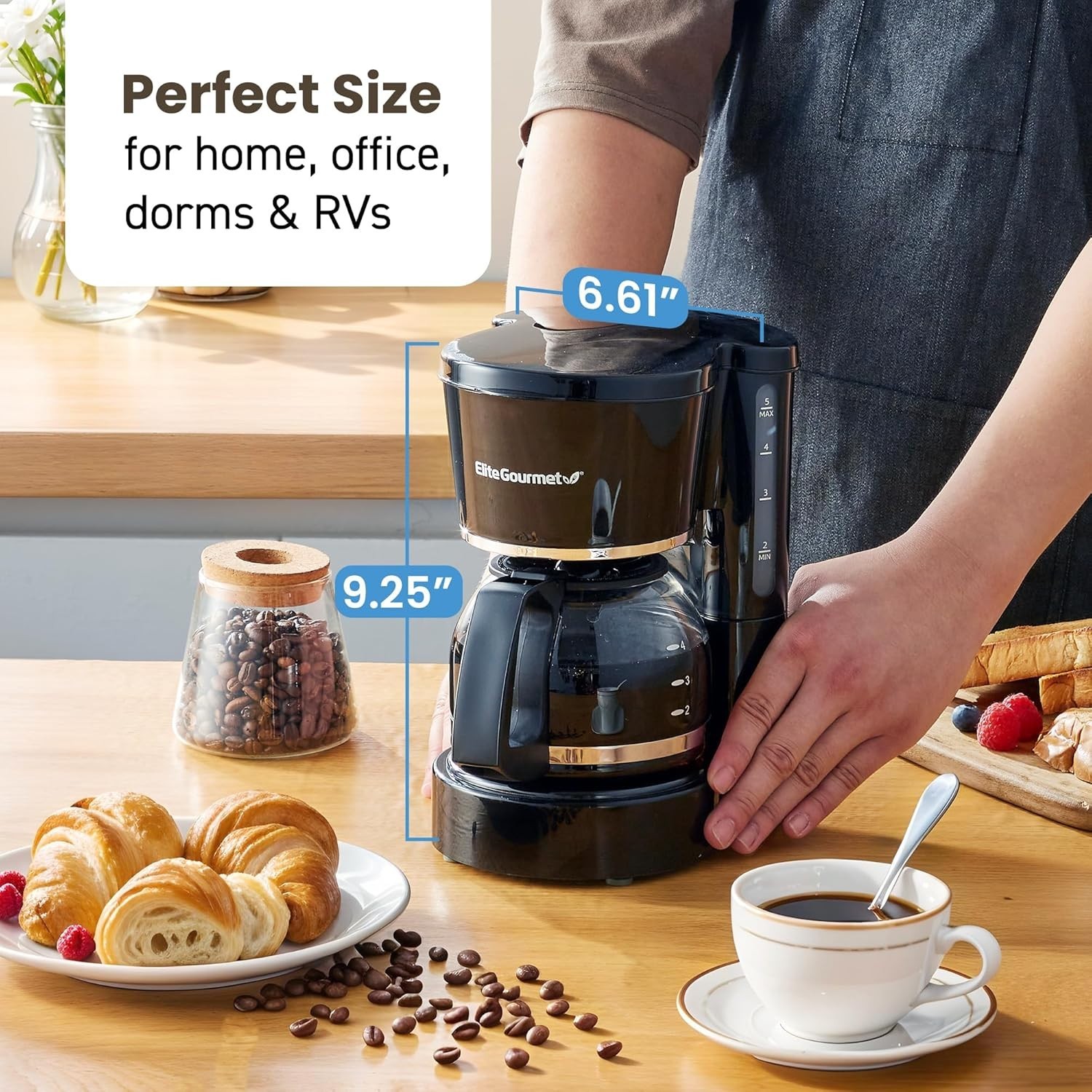 Sleek 5-Cup Drip Coffee Maker with Dishwasher Safe Parts for Easy Cleanup