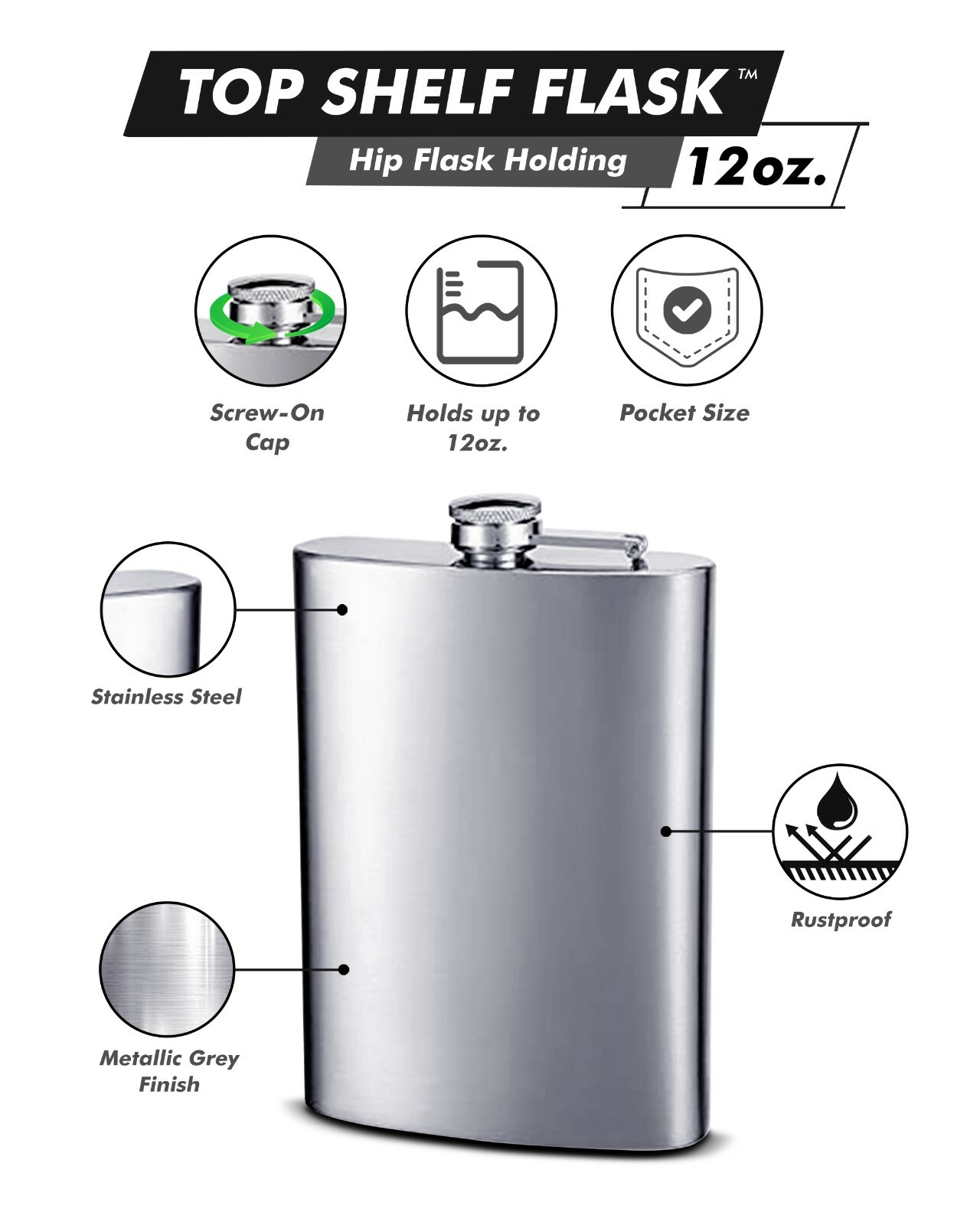 Plain 12 oz Stainless Steel Hip Flask – No Personalization