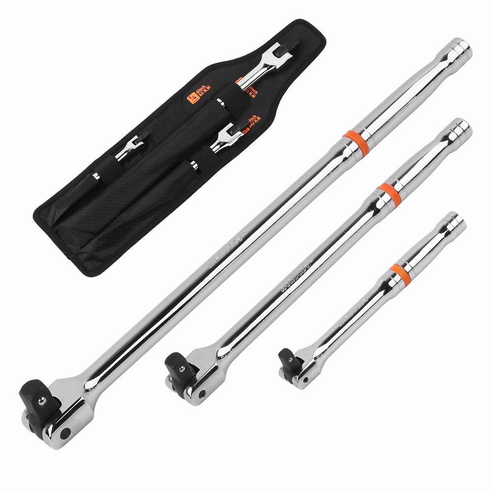 Breaker Bars Set 3PC 1/4″ 3/8” 1/2” Dr 180° Rotatable Head 6″ 10″ 15″ Length