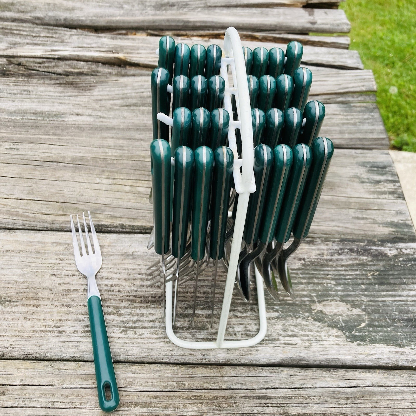 Vintage 1970s Stainless Flatware Set Thailand Dk Green W/ White Rack 33 Pc