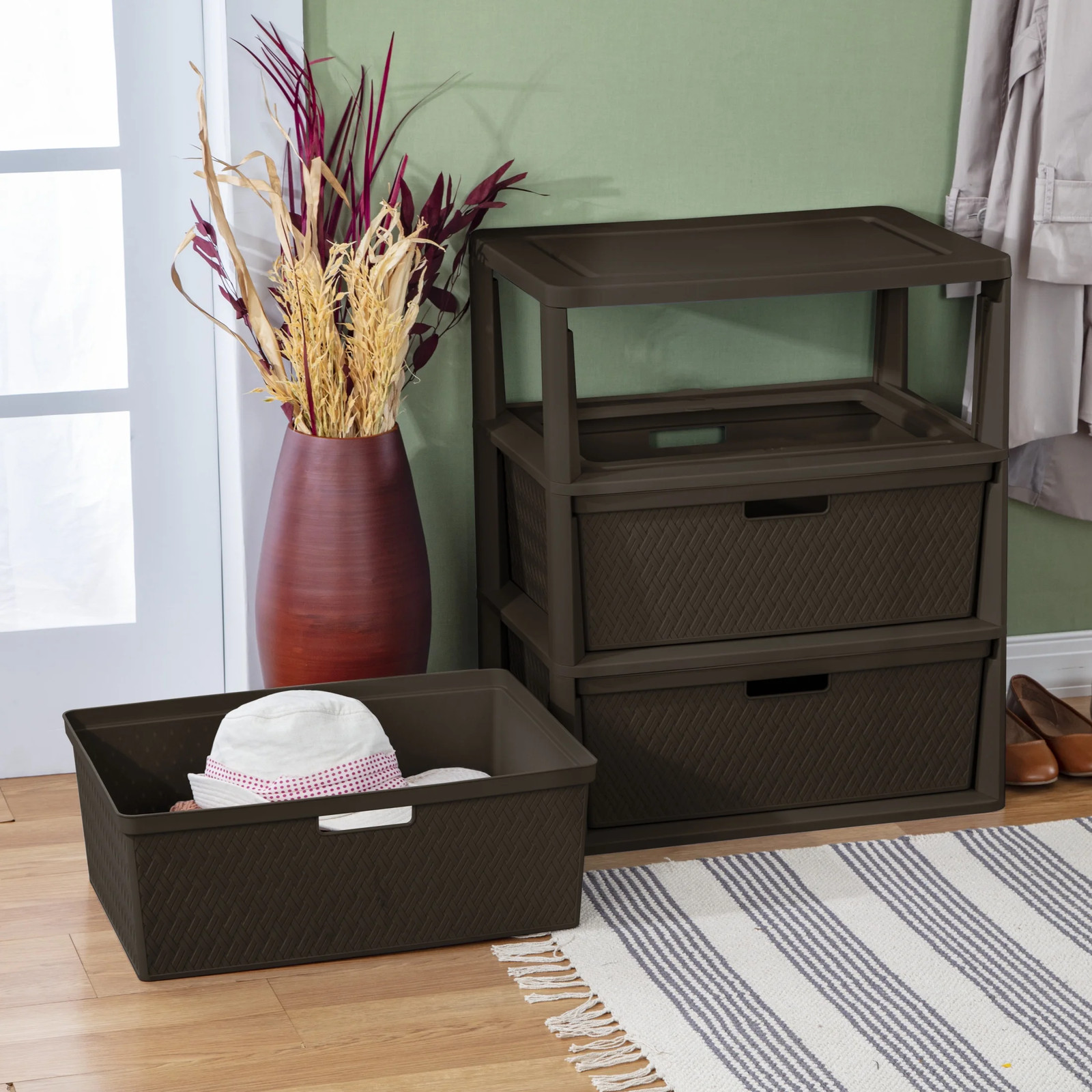 Wide 3 Drawer Tower, Plastic Storage Organizer with Removable Decorative Bins, E