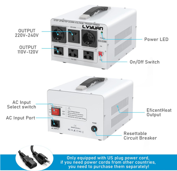 Transformador de voltaje 3000W elevador/reductor 110-240V con múltiples tomas y