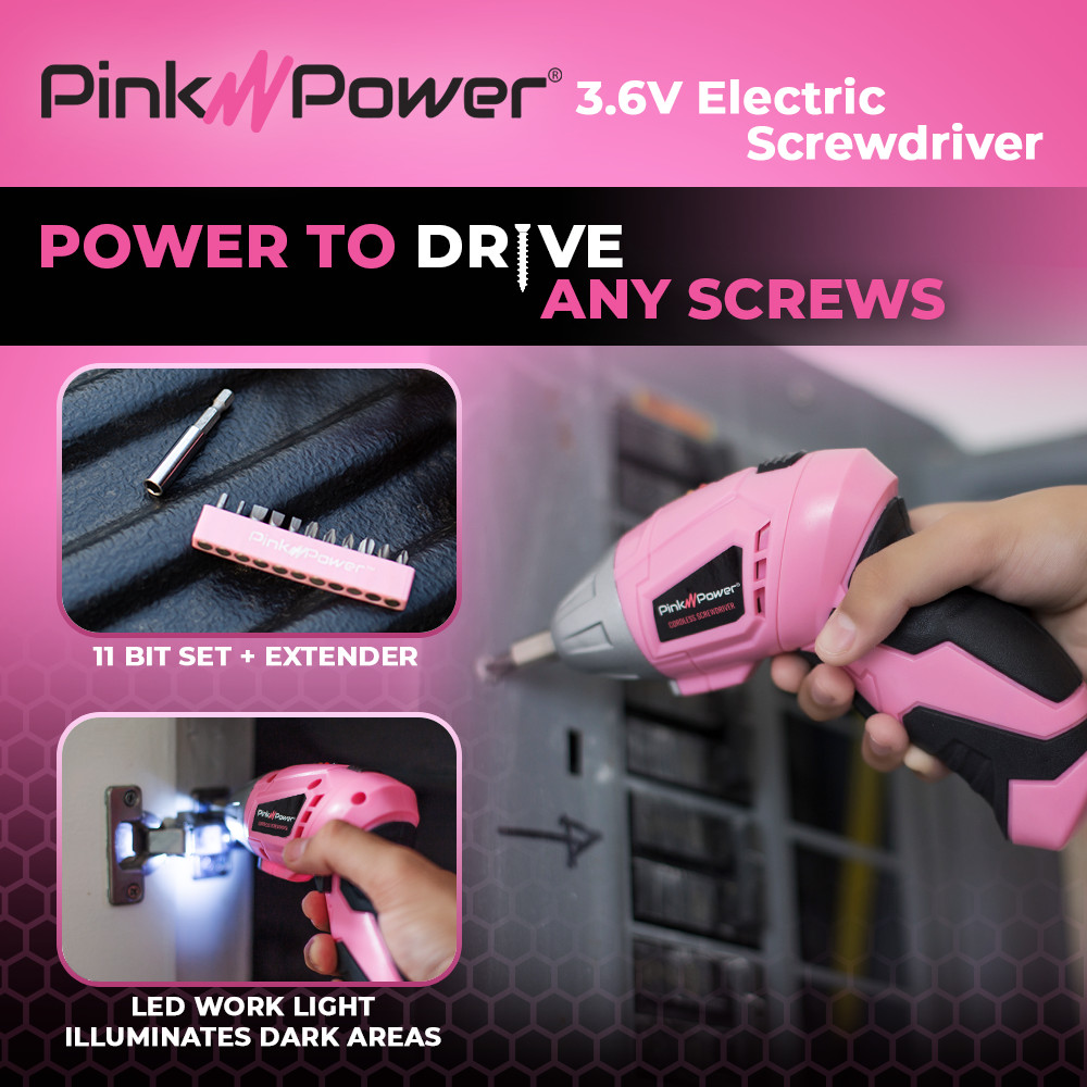 Pink Power PP481 3.6V Lightweight Electric Screwdriver Kit & Bit Set Handheld