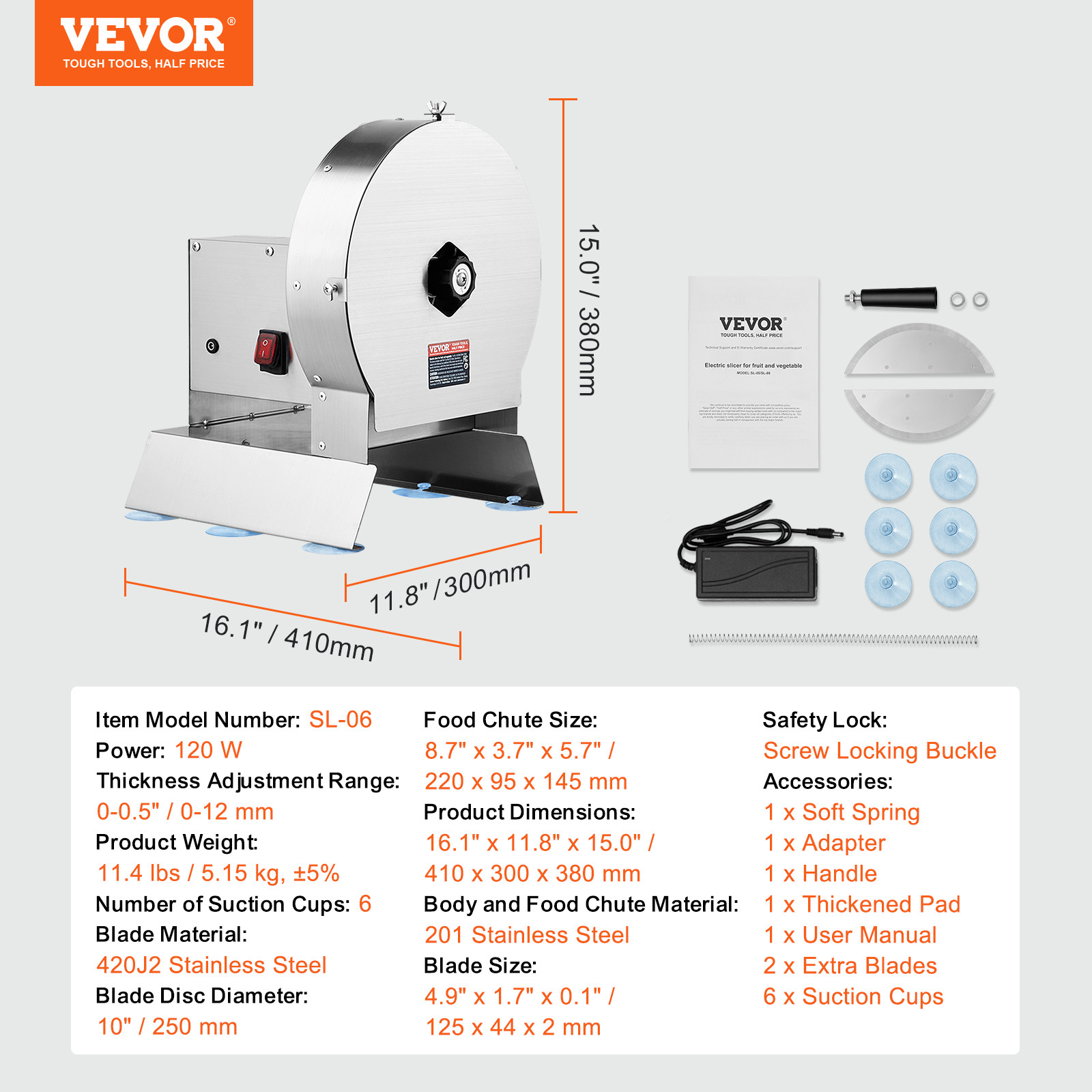 VEVOR Electric Vegetable Slicer 0-0.5in Thickness Adjustable Manual Food Cutter