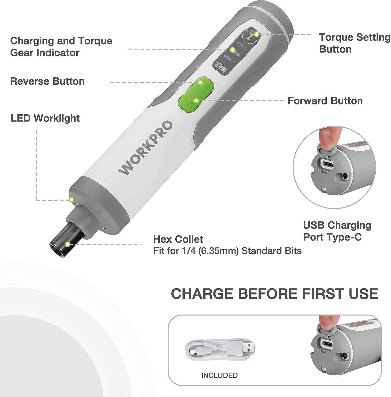 WORKPRO 4V Electric Screwdriver, Rechargeable Cordless Screwdriver Set w/35 Bits