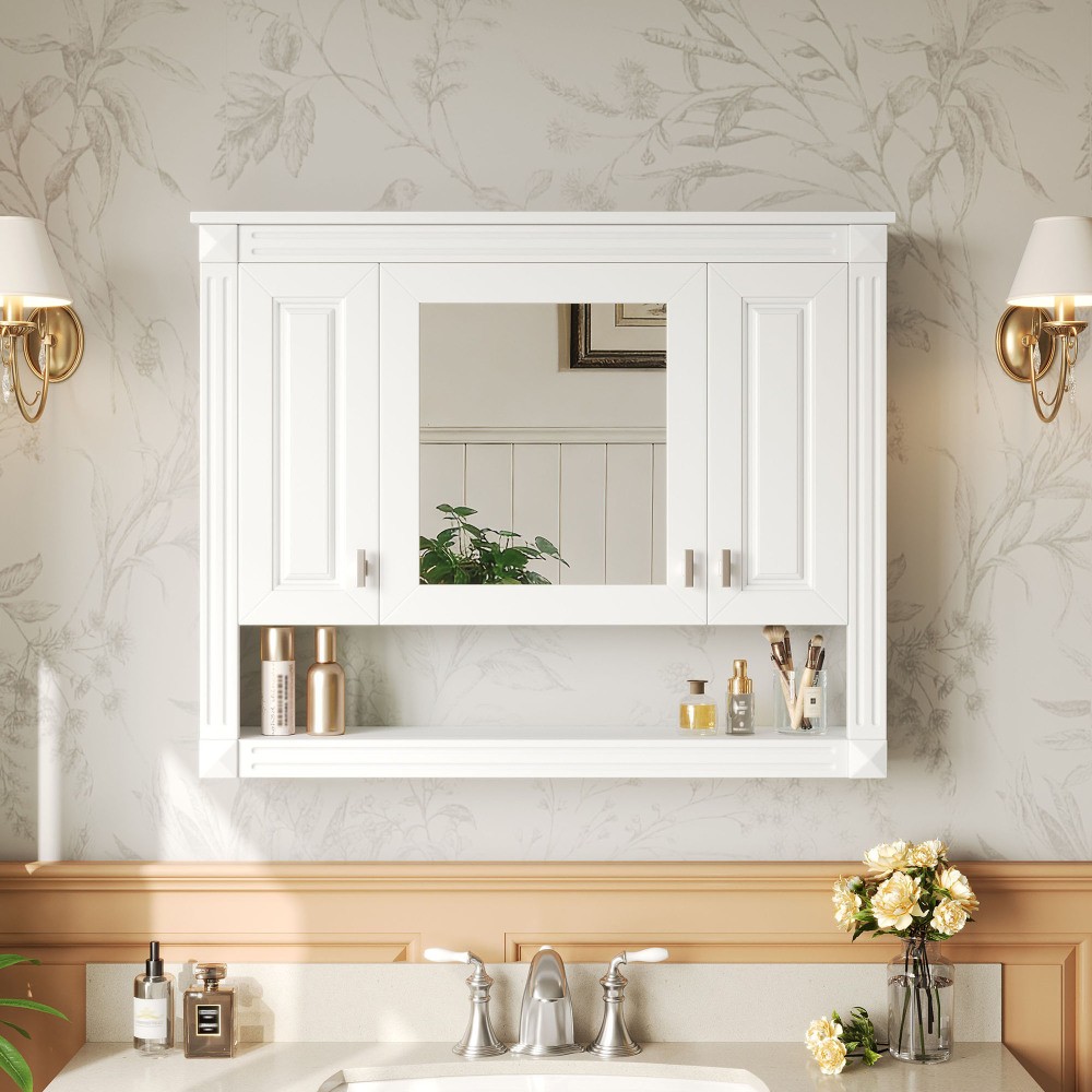 35in Bathroom Wall Cabinet w/Mirror,Wall Mounted Medicine Storage ,Open Shelf