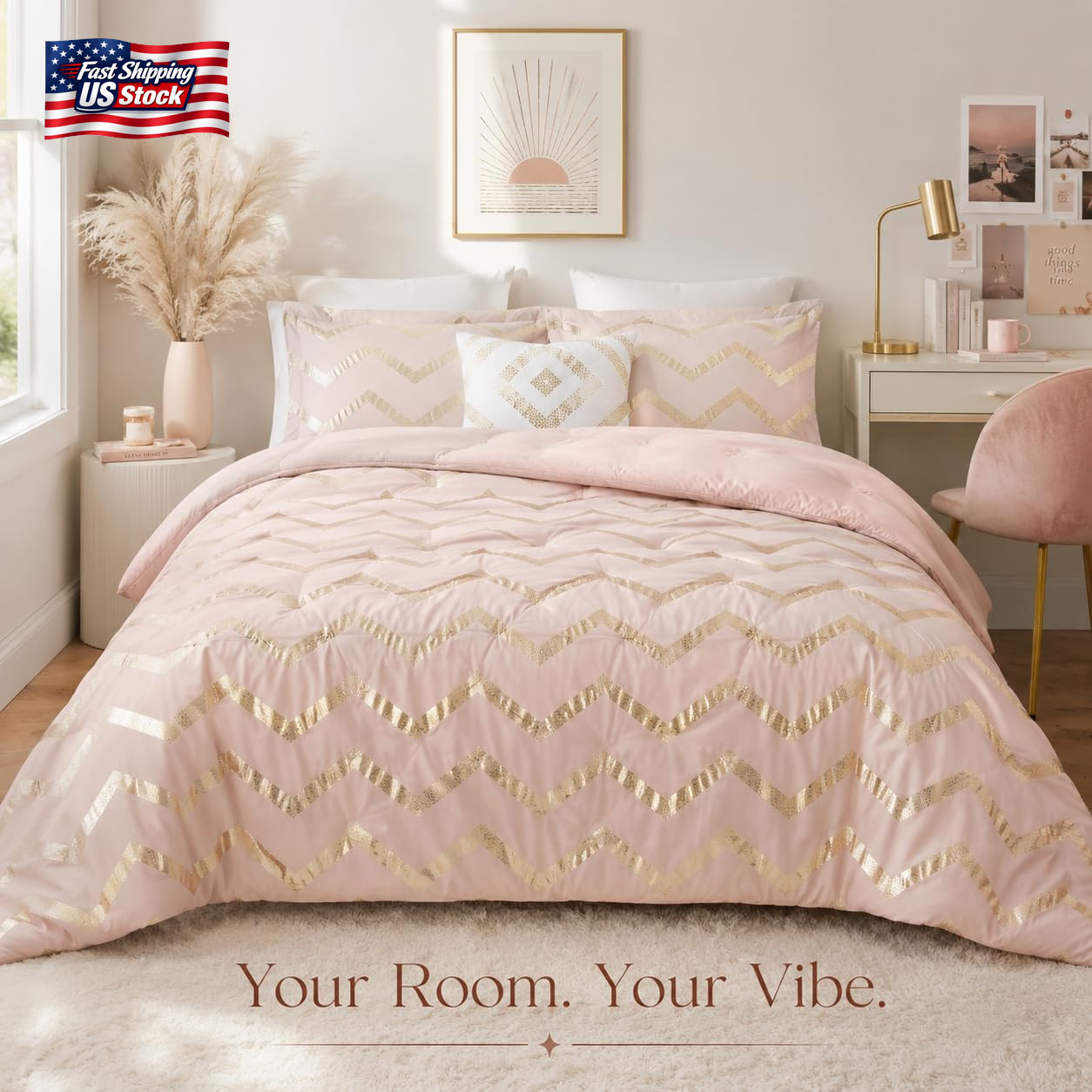 Codi Twin Comforter Set for Teens and Adults, 3-Piece Pink and Gold Bedding, War