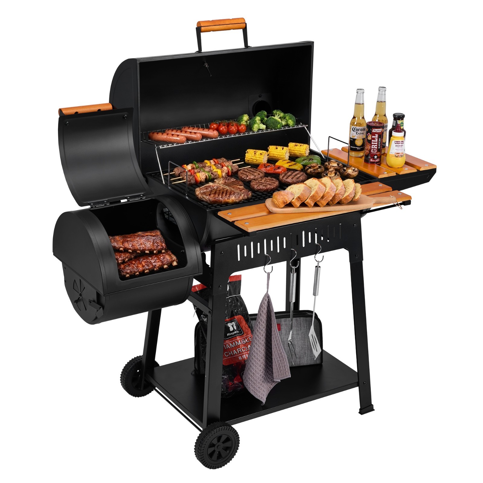Royal Gourmet Charcoal Grill with Offset Smoker, Front & Side Shelves, Black