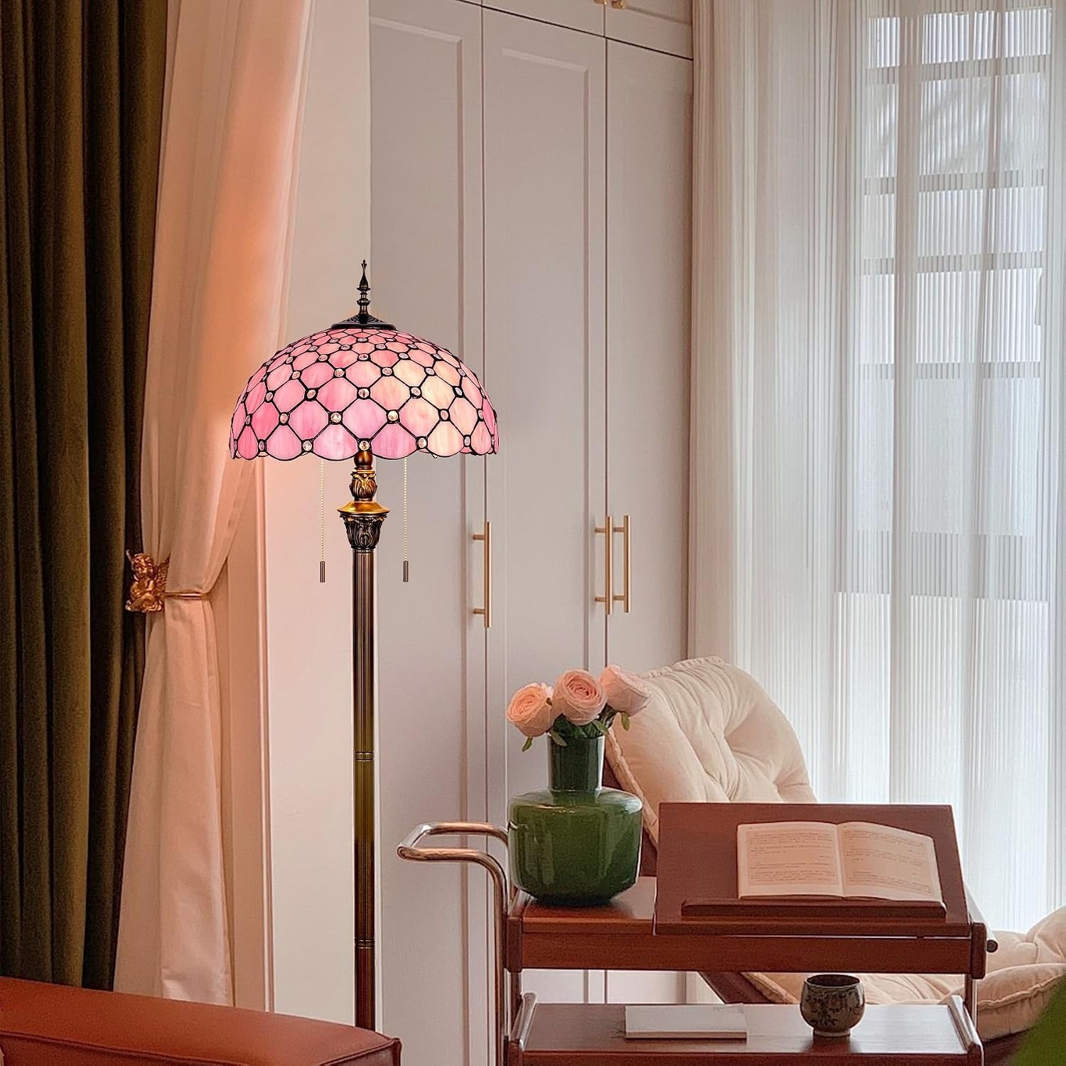 Pink Baroque Tiffany Floor Lamp – Antique Stained Glass Reading Light 64