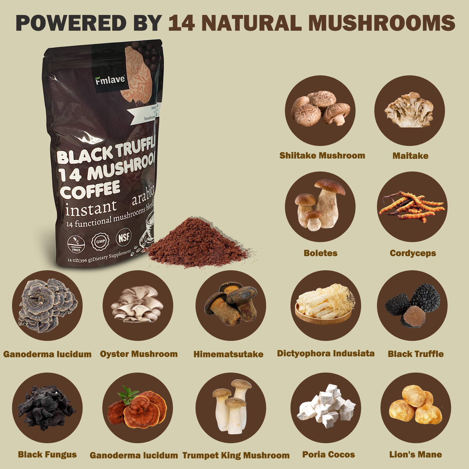 Organic Mushroom Coffee Instant Coffee, 14 Mushroom Extract Energy & Brain Boost