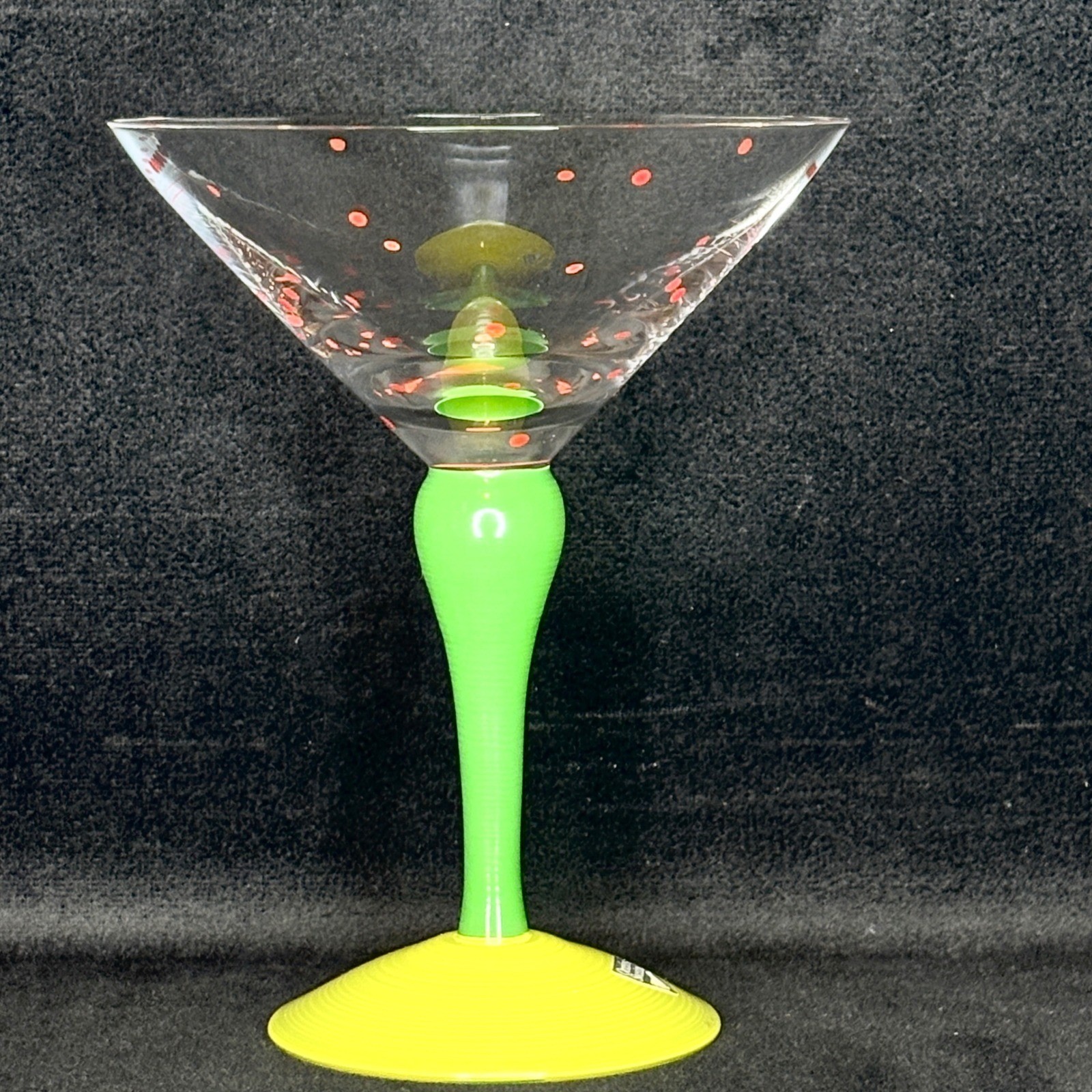 Orrefors Sweden Clown Martini Glass Anne Nilsson Signed Green Yellow Red Dot